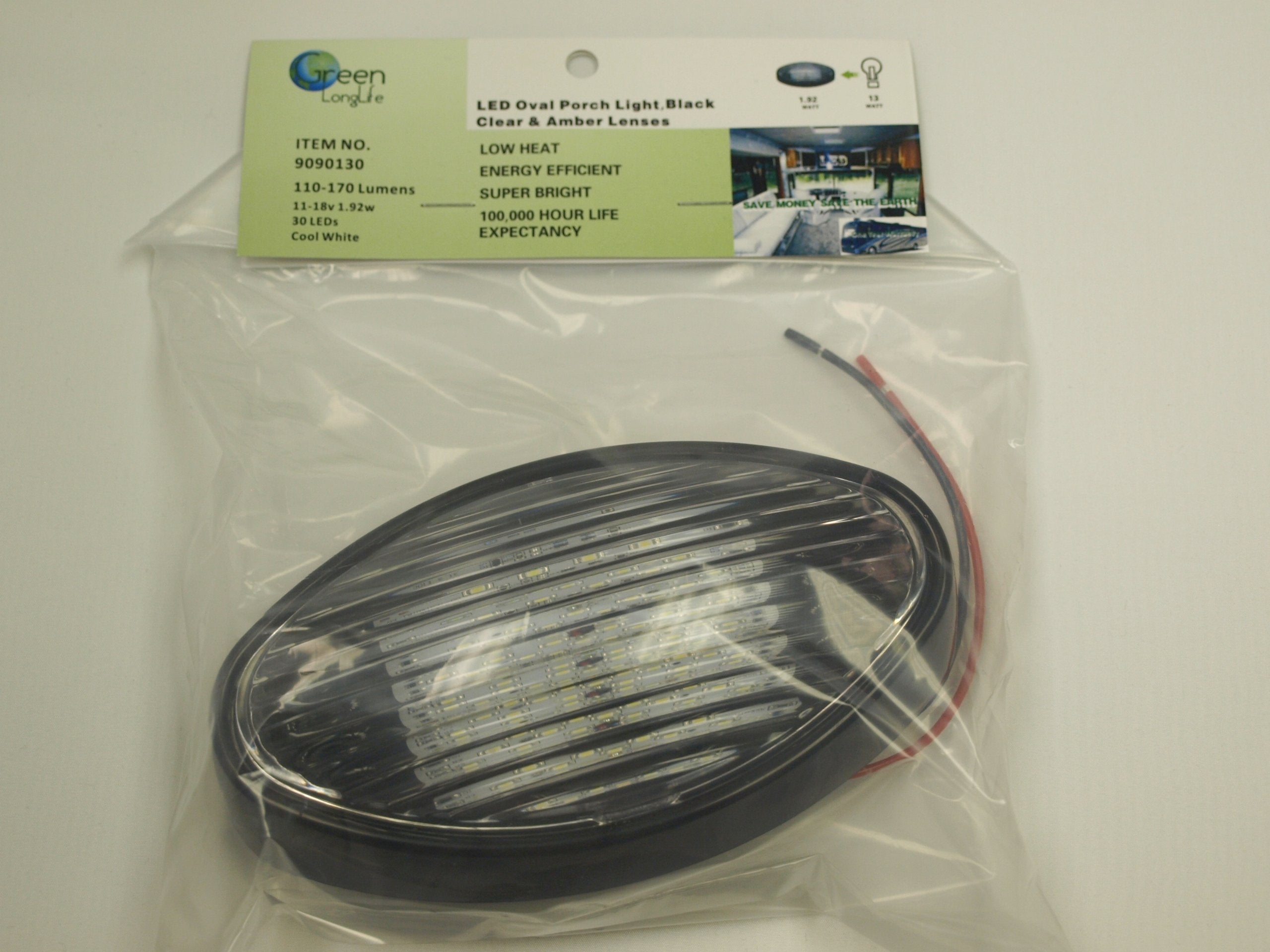 Long Life Green LED RV Porch Lights (Black, Oval)