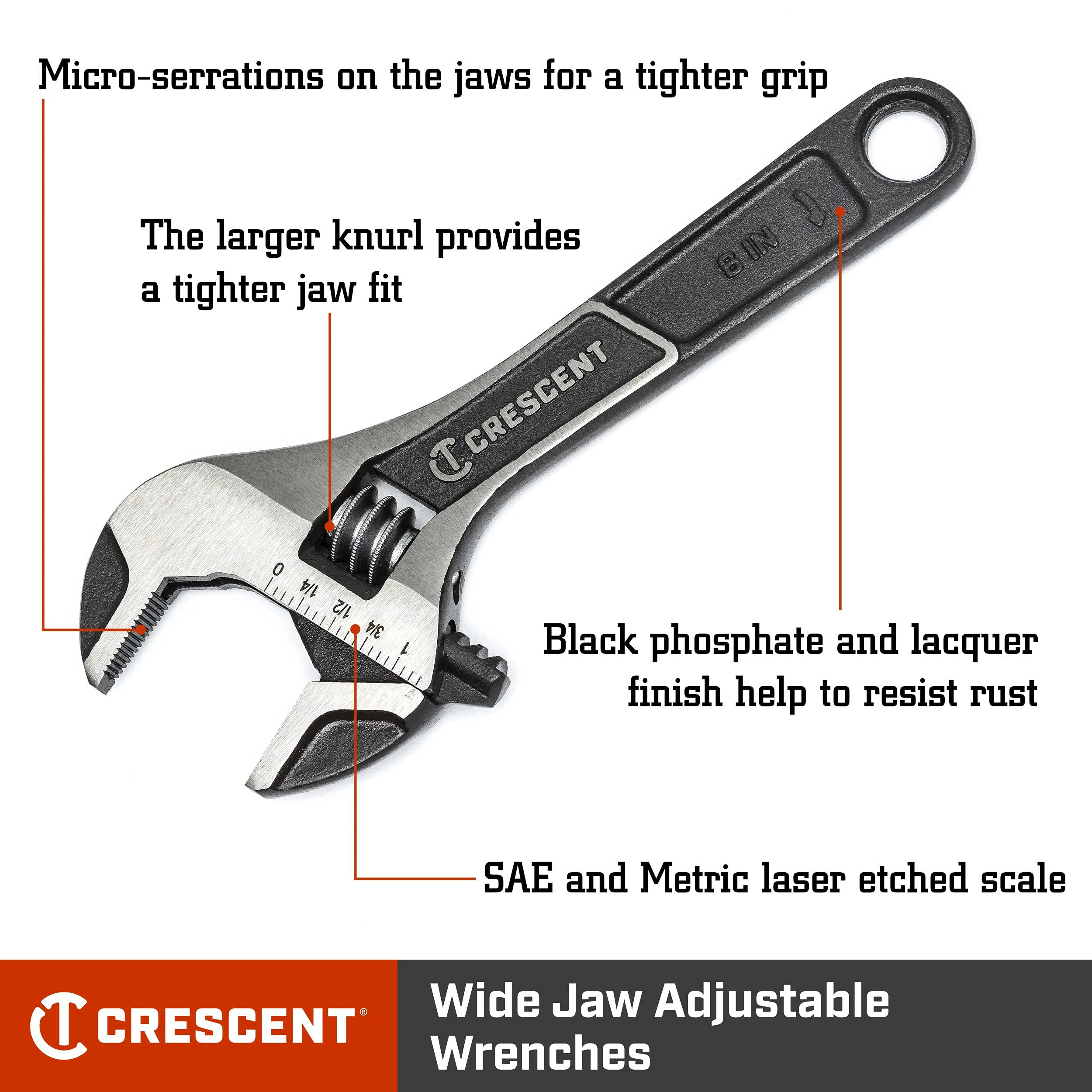 Wide Jaw Crescent Adjustable Wrench - Home Improvement, Repair & Garage Hand Tool - Wide Mouth Versatile Plumbing Tool - 6" - ATWJ26VS