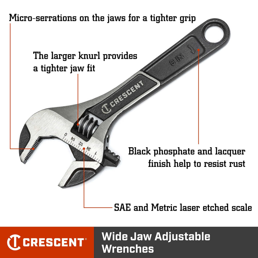 Wide Jaw Crescent Adjustable Wrench - Home Improvement, Repair & Garage Hand Tool - Wide Mouth Versatile Plumbing Tool - 6" - ATWJ26VS