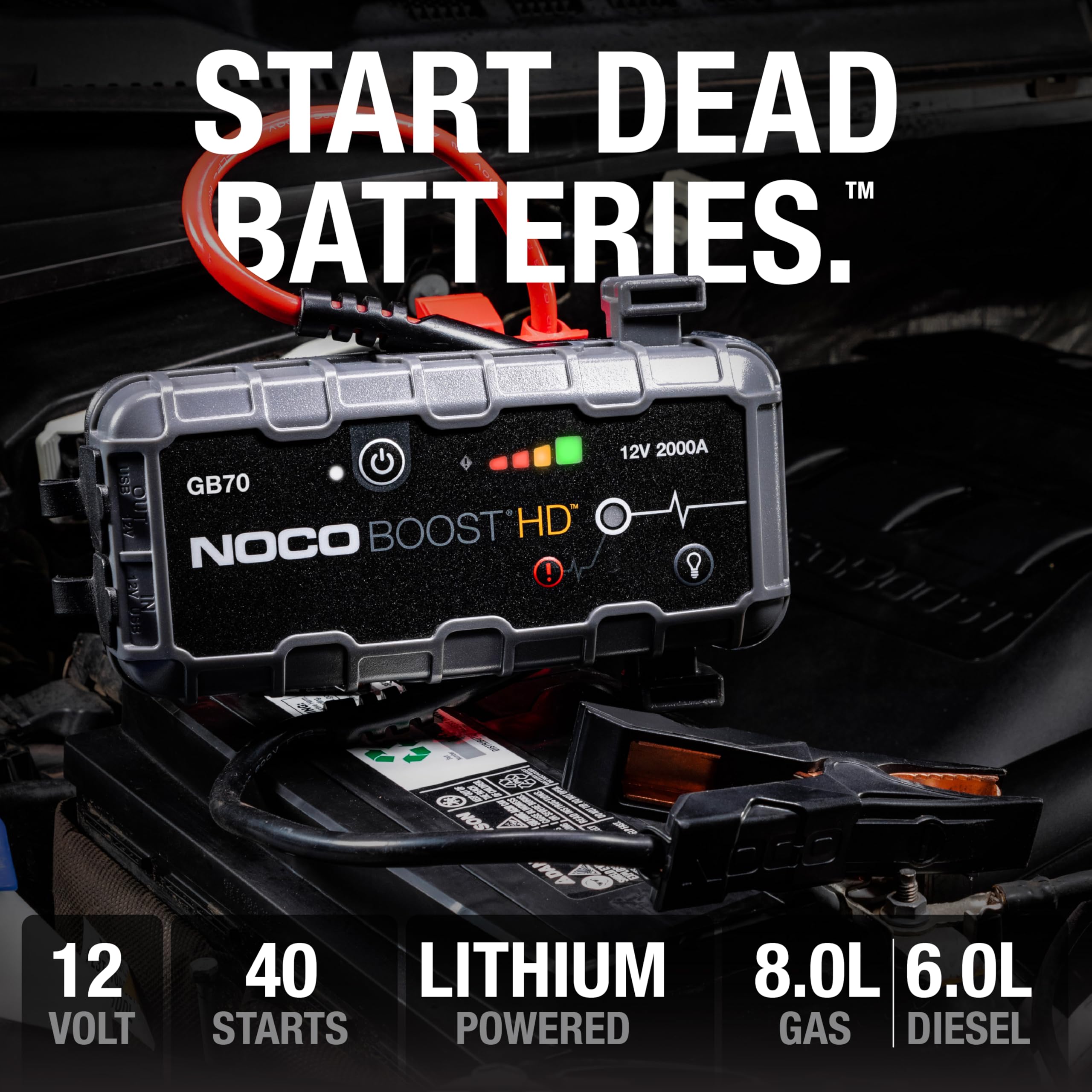 2000A NOCO Boost GB70: UltraSafe Jump Starter – 12V Lithium Battery Booster Pack, Portable Jump Box, Power Bank & Jumper Cables - for 8.0L Gas and 6.0L Diesel Engines