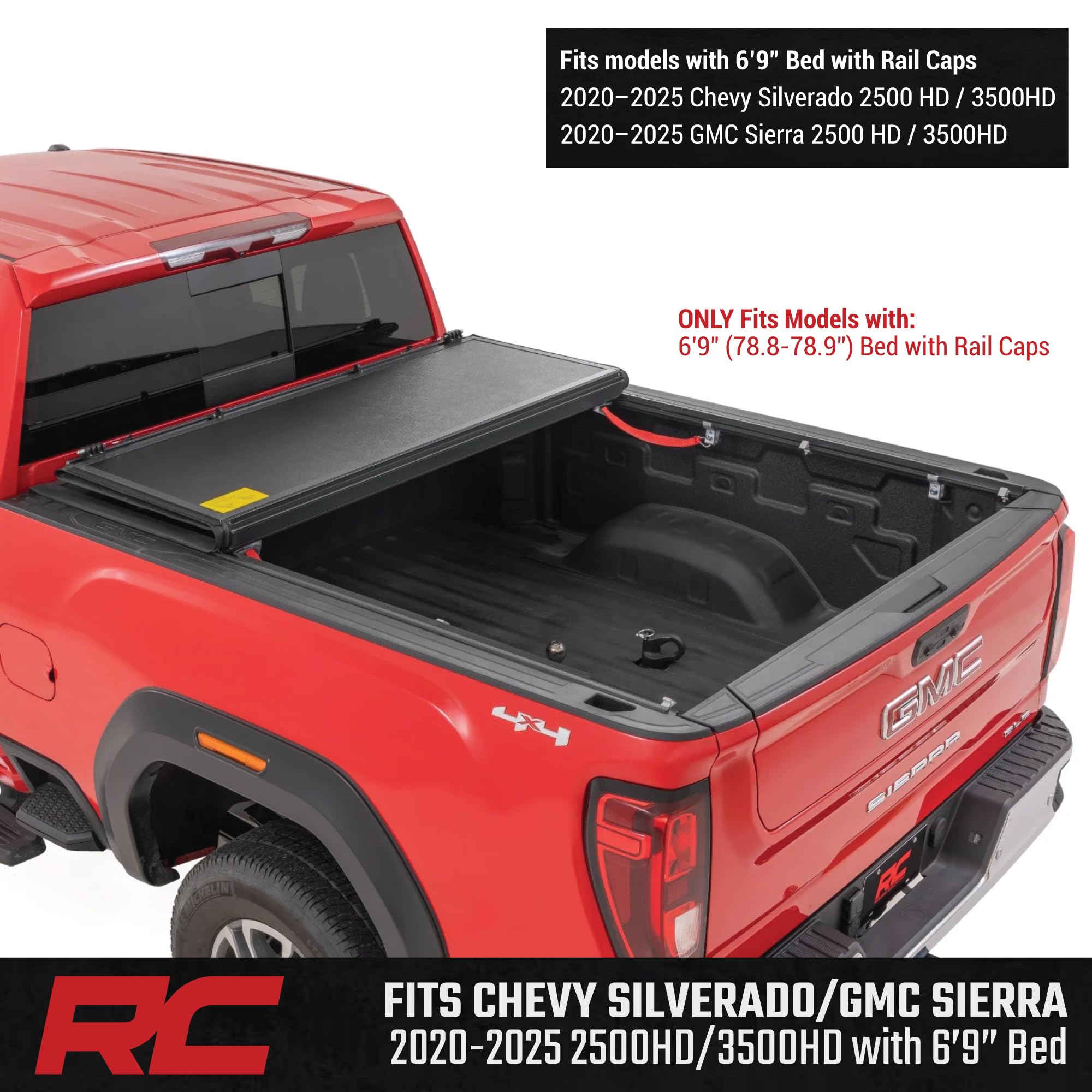 Low-Profile Rough Country Hard Tri-Fold Tonneau Cover for Chevy Silverado & GMC Sierra 2500HD & 3500HD (2020–2025) - Aluminum Truck Bed Cover, Fits 6'9" Bed w/Rail Caps