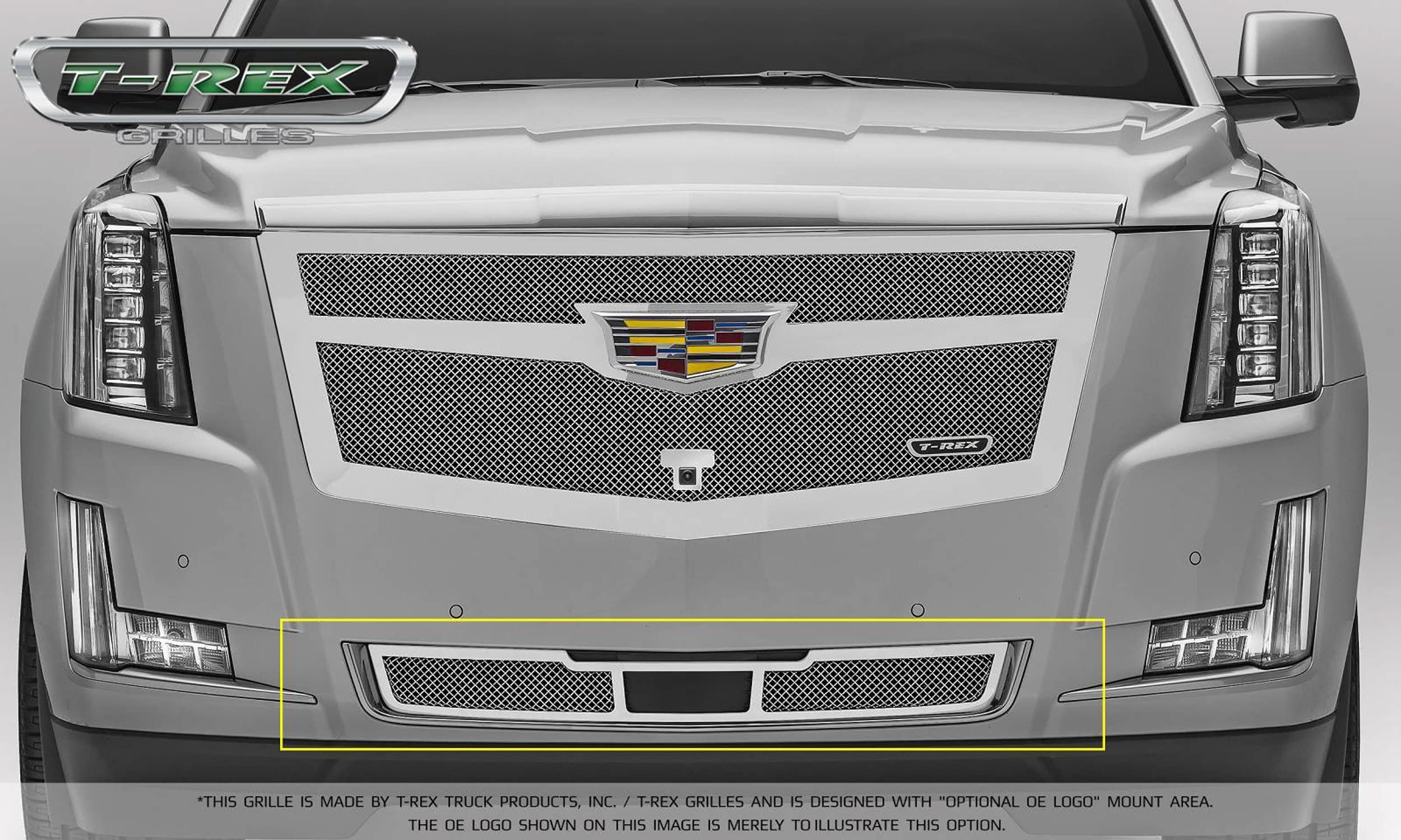 Upper Class Series T-Rex Grilles 2015i-2020 Escalade Bumper Grille, Chrome, 1 Pc, Replacement, Fits Vehicles with Adaptive Cruise Control - PN #57189, Polished