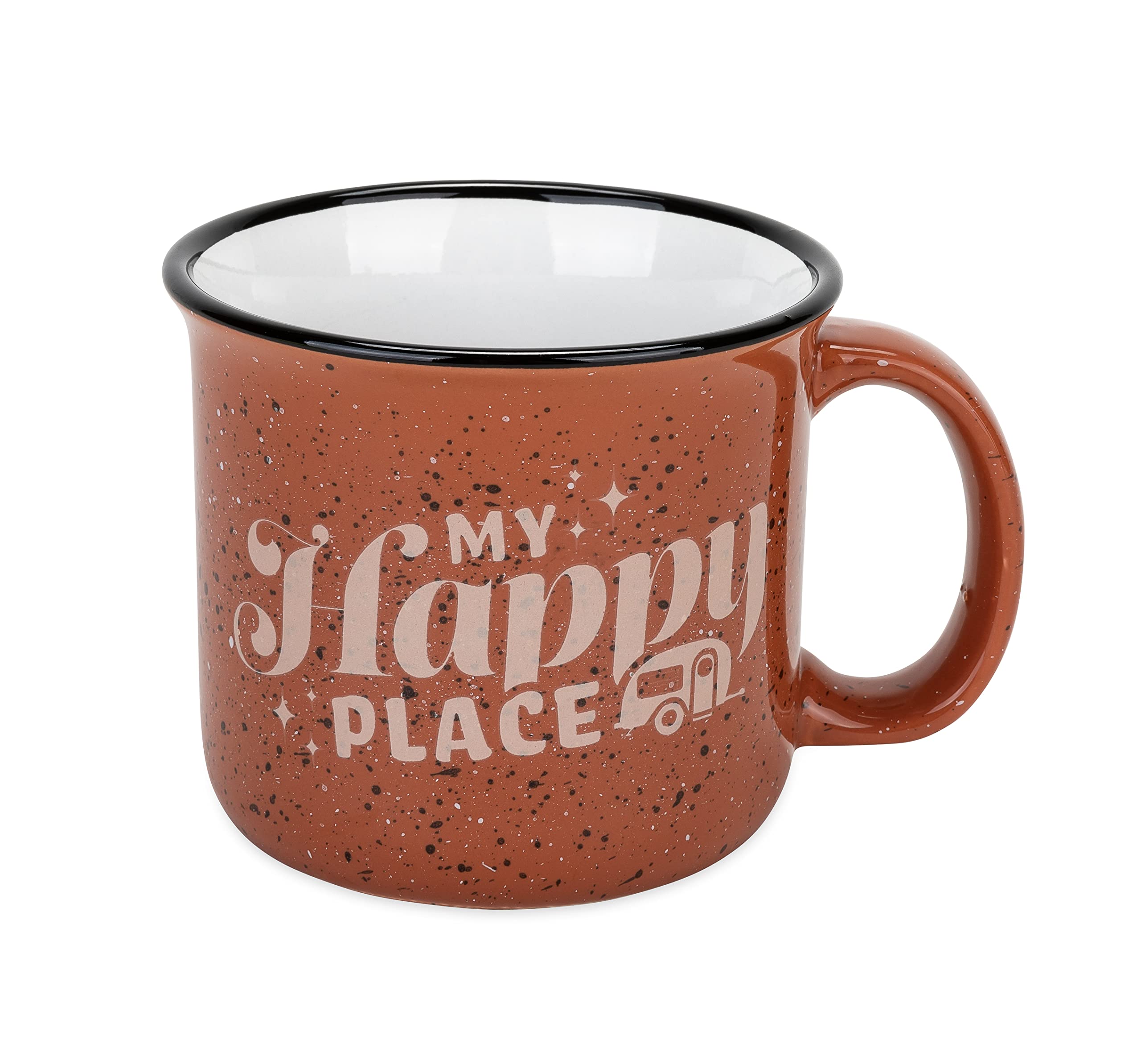 Camco Ceramic Coffee Mug - Life is Better at The Campsite - Microwave and Dishwasher Safe - Features Red Background with Retro RV My Happy Place Design - Coffee Cup Holds 14oz. (53472)