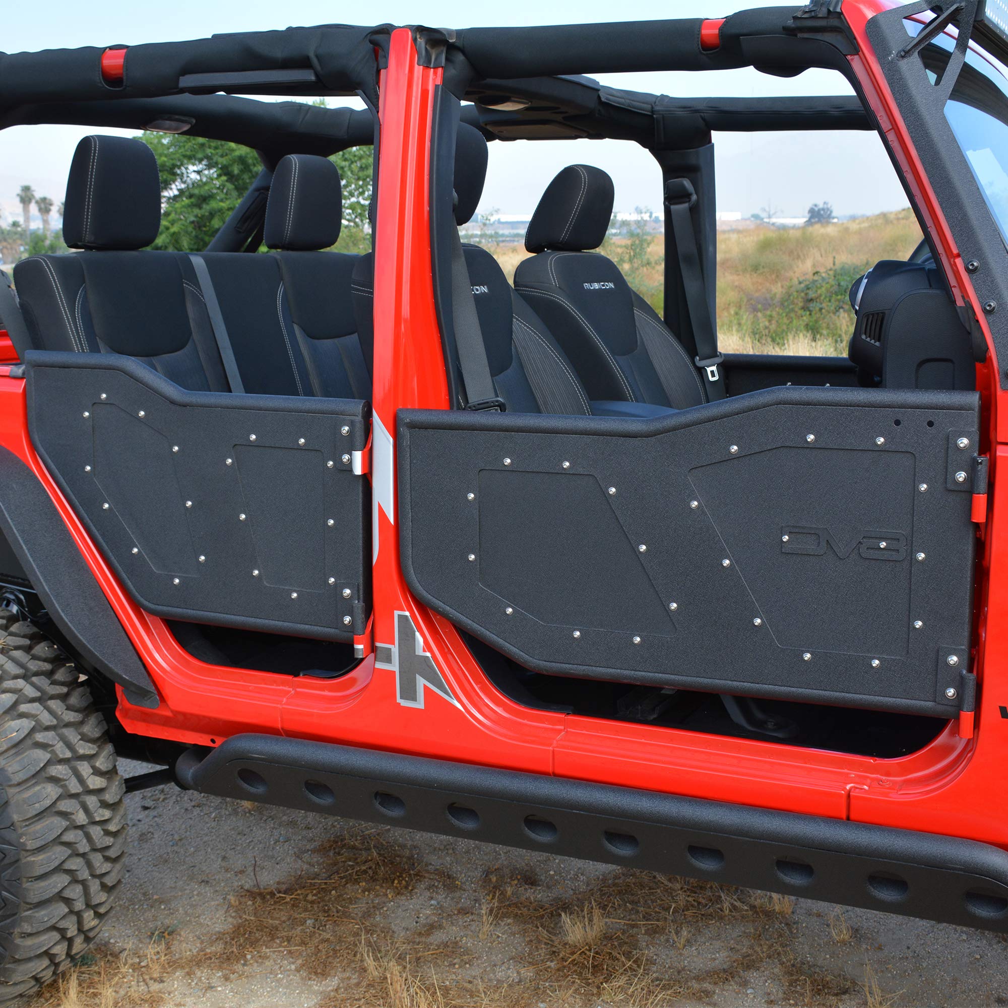Front Rock Doors DV8 Offroad for The 2007-2017 Jeep Wrangler JK | Latches | Paintable | Black Finish | Simple and Easy Install | Limit Straps | Front Set