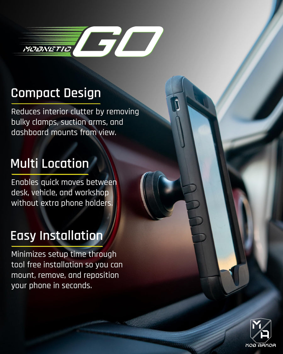 Mob Armor Go MobNetic Magnetic Phone Car Holder with Metal Plate - Strong Magnetic Base, Aircraft Grade Aluminum, Car Dashboard & Metal Surface Mount, Compatible with iPhone and Android Smartphones