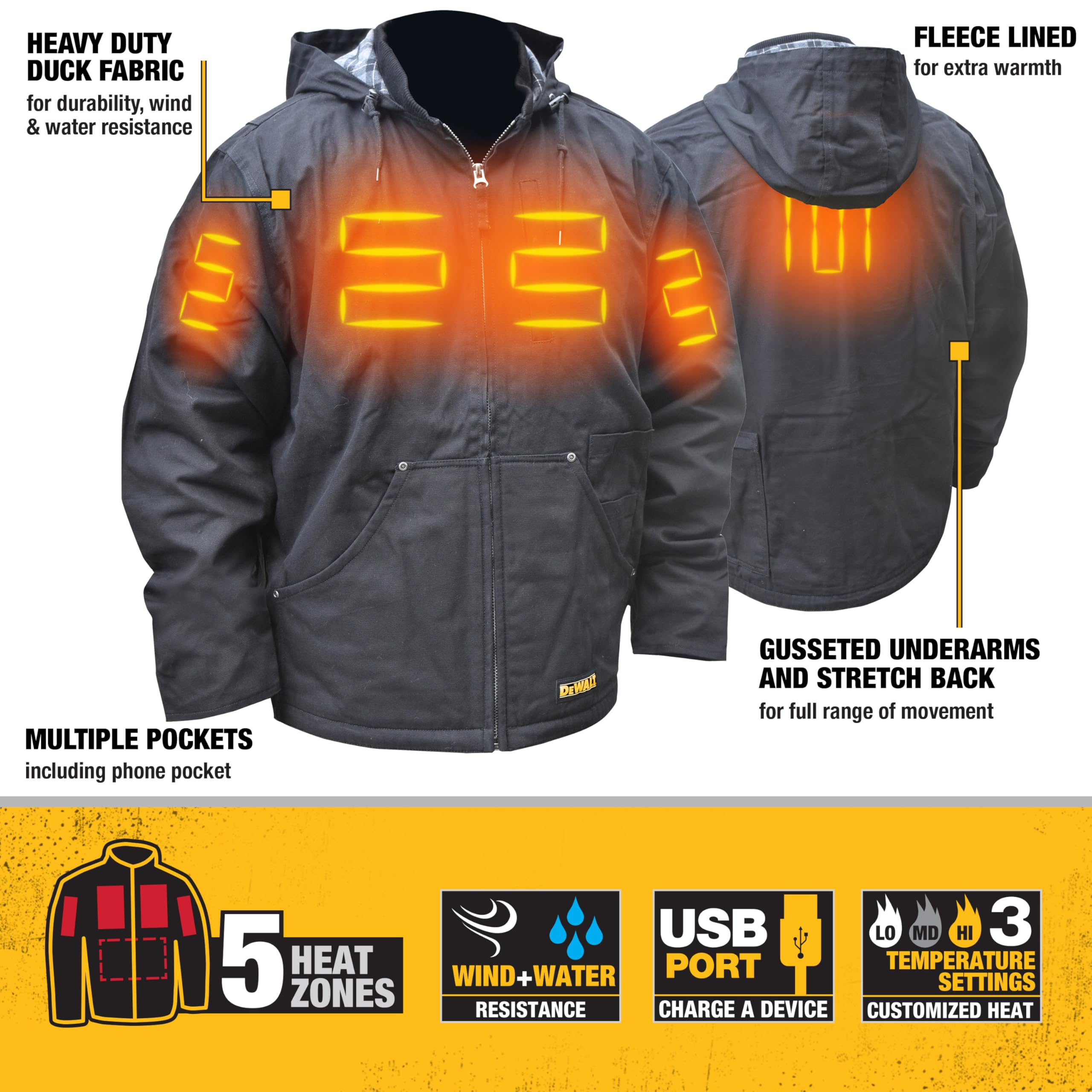 DEWALT Adult Unisex With 2.0ah Battery and Charger Heated Heavy Duty Work Coat, Black, Medium US