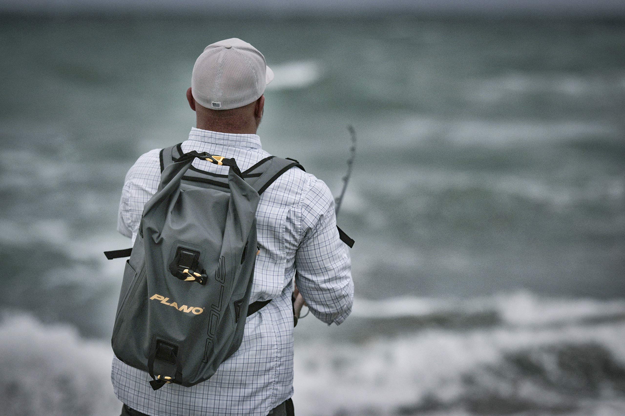 Plano Roll-Top Z-Series Waterproof Fishing Tackle Backpack, Gray Fabric, Includes 2 Clear 3700 StowAway Utility Boxes, Fishing Backpack with Tackle Boxes