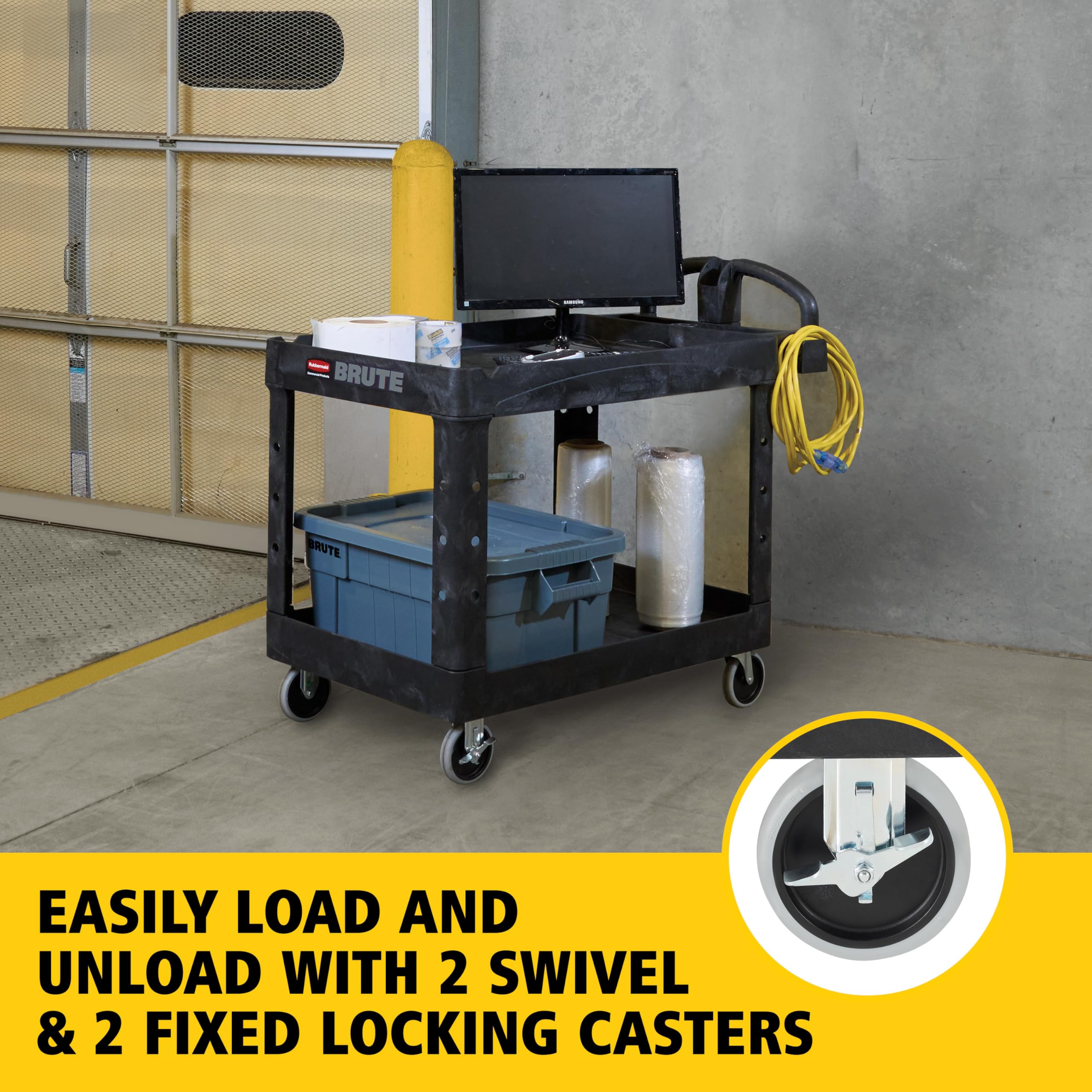 Rubbermaid 2-Shelf Commercial Products Utility/Service Cart, Medium, Black, Lipped Shelves, Ergonomic Handle, 500 Lbs Capacity, for Warehouse/Garage/Cleaning/Manufacturing
