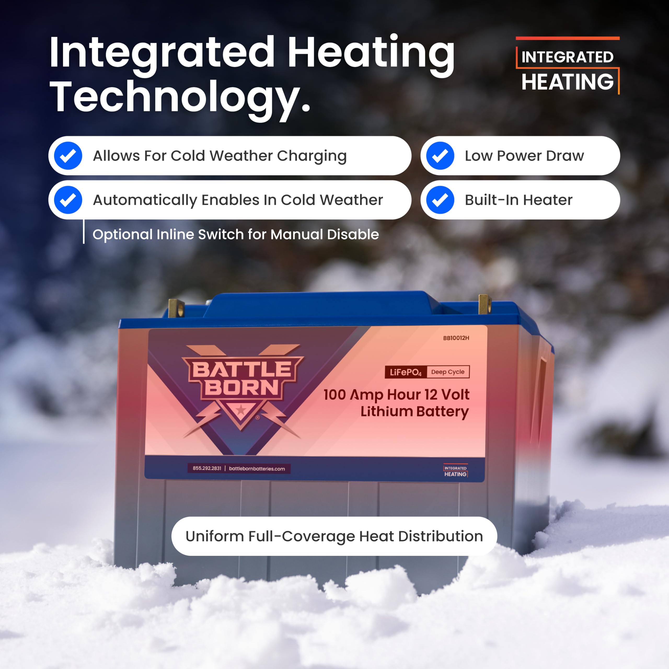 12V 100Ah Heated Lithium-Ion (LiFePO4) RV, Marine, Solar, & Off Grid Battery - Integrated Heating Technology - Internal BMS, High & Low Temperature Protection - Battle Born Batteries