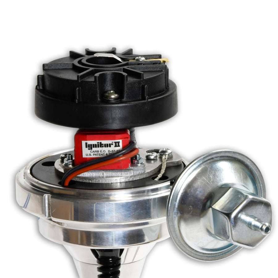 FLAME-THROWER PERTRONIX BILLET DISTRIBUTOR WITH IGNITOR II ELECTRONICS FOR FORD Y-BLOCK ENGINES VACUUM ADVANCE WITH BLACK FEMALE STYLE CAP