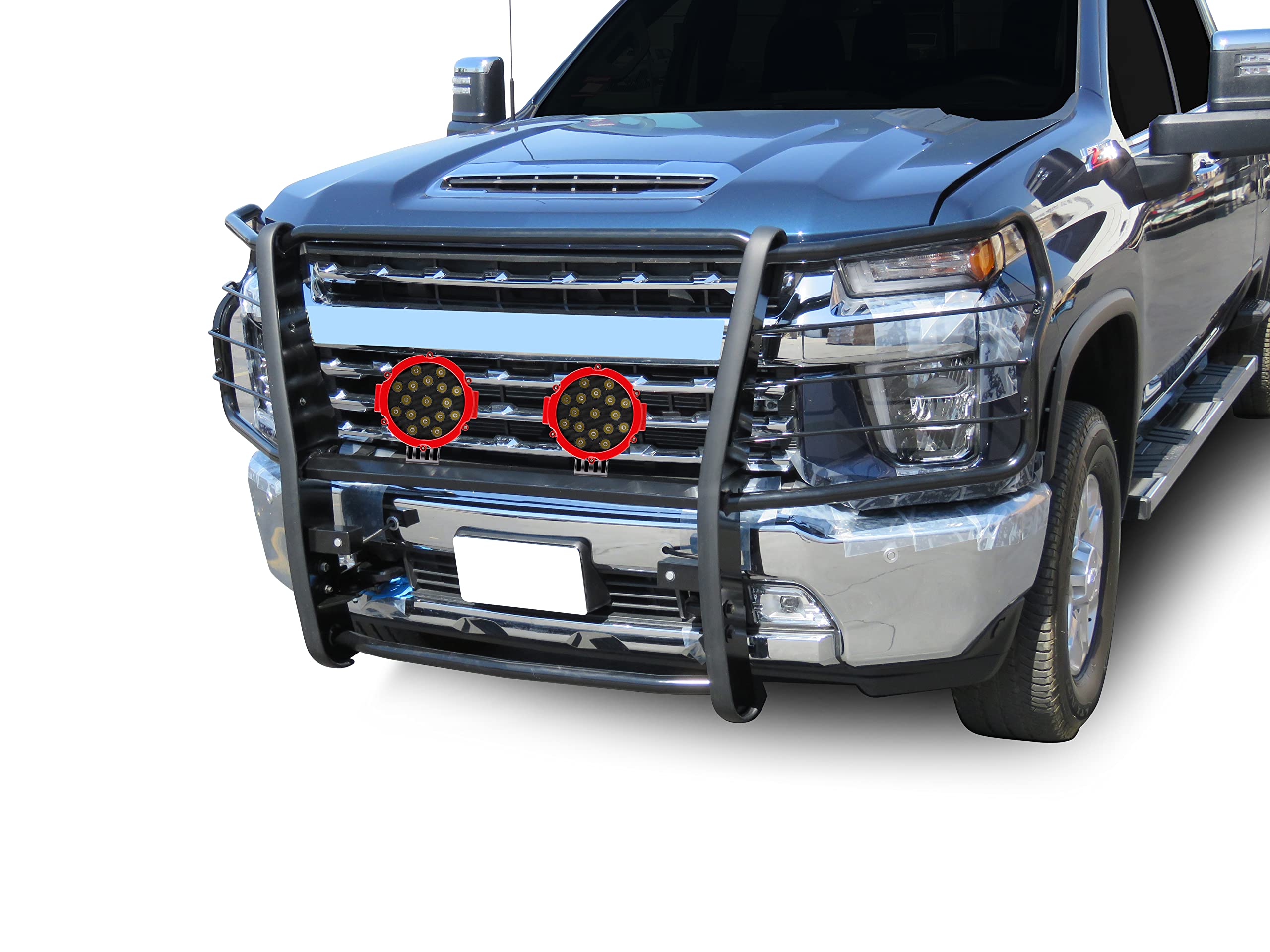 Black Horse Grille Brush Bumper Guard Black Modular Come with Pair of 7.0" Dia.LED Lights with Red Trim Rings Compatible with 2020-2024 Silverado 3500 HD|2020-2024 Silverado 2500 HD-17GT30MA-PLR