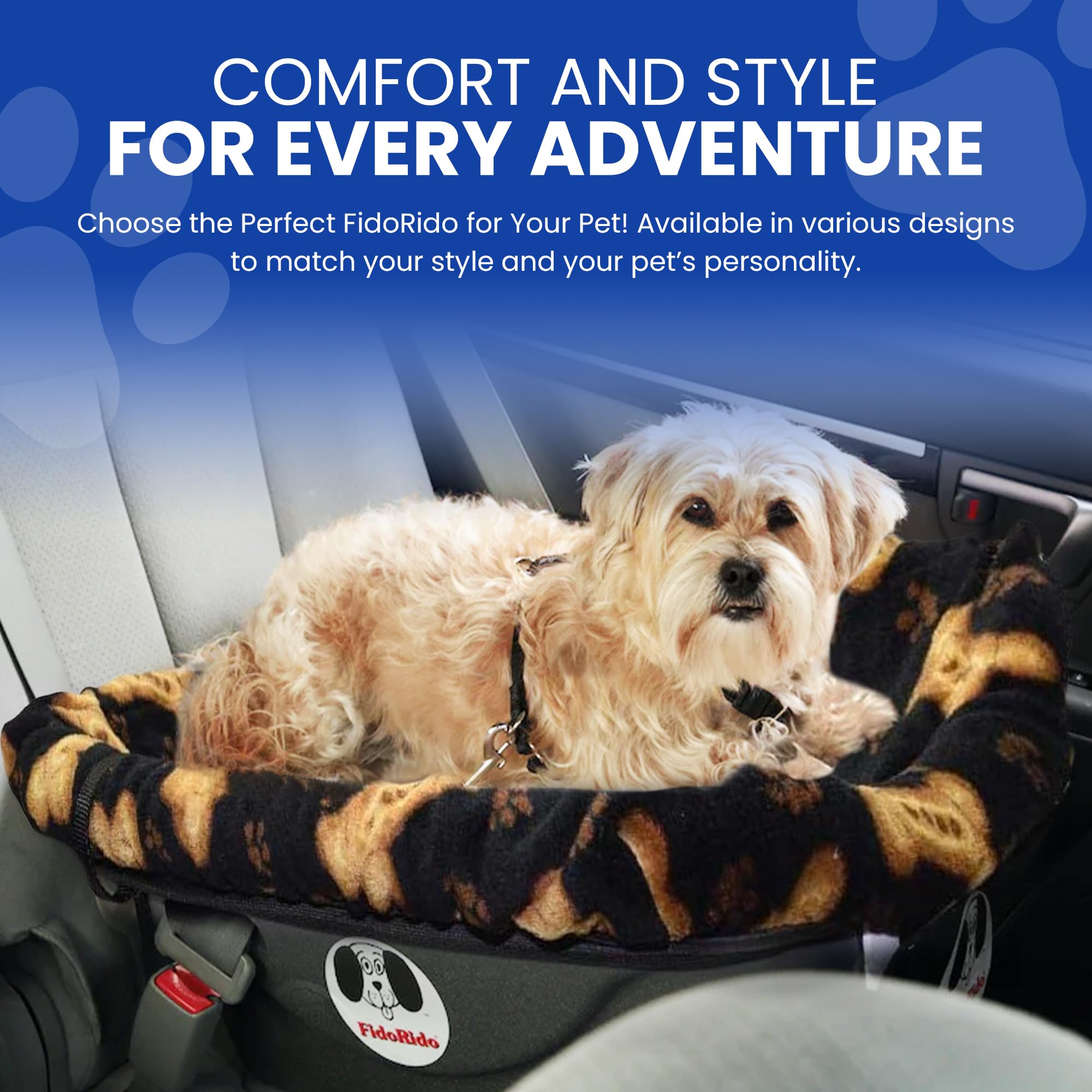 Dog Car Seat FidoRido - Booster Seat for Small to Large Dogs with Comfortable Cushions, Sherpa Cover, and Safety Straps, Easy to Install, Ideal for Travel, Black with Tan Bones - Medium Harness