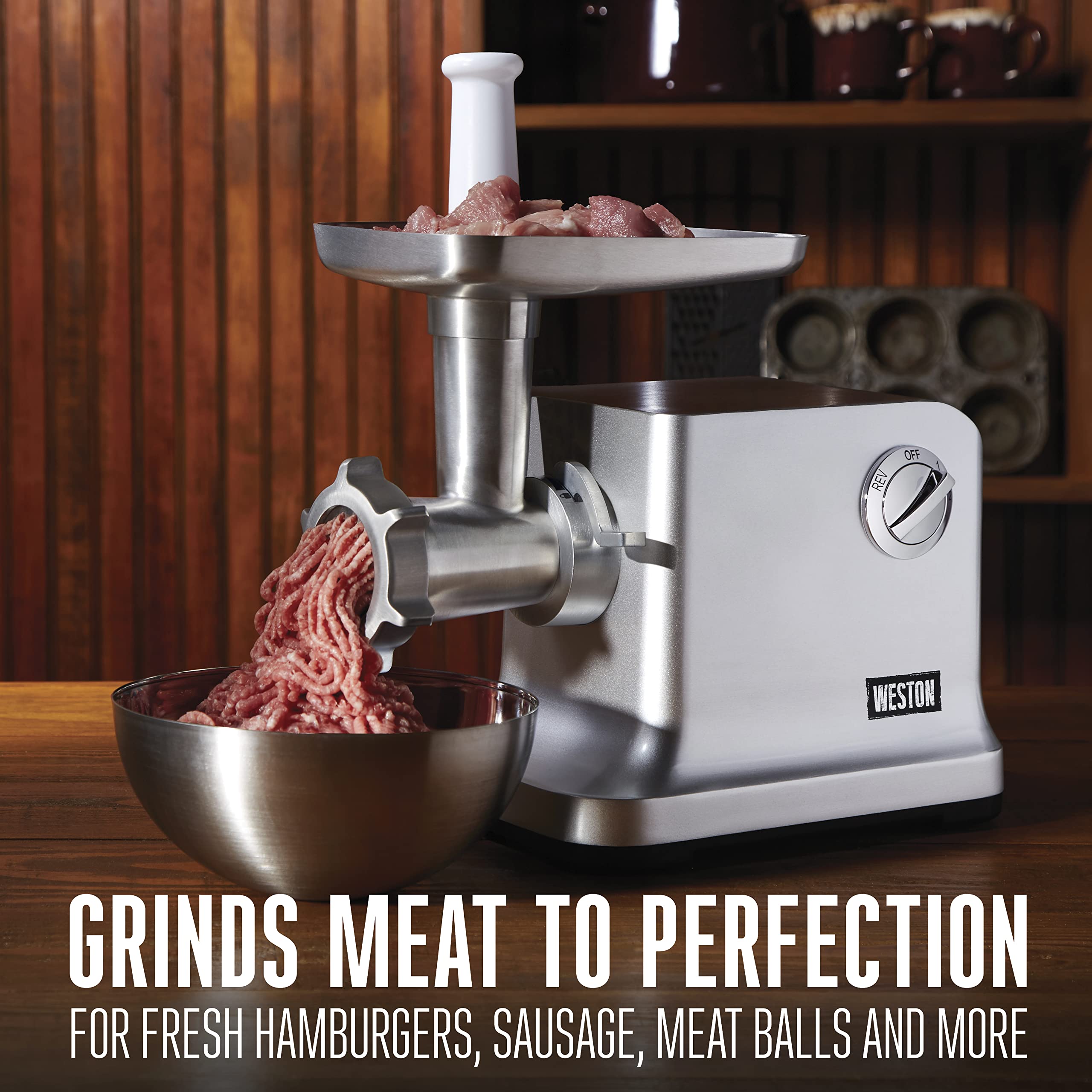 Electric Weston Meat Grinder & Sausage Stuffer, #12 750 Watt, 1 HP Motor, Grinds 4 lbs Per Minute, Includes Stainless Steel Grinding Plates, Die-Cast Aluminum (33-1301-W)