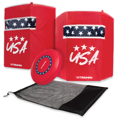 Triumph Sports Disc Flyerz Patriotic Backyard Target Game with 2 Scoring Cans with Weighted Bases and Flying Disc. Easily Portable and Perfect for The Whole Family, Multicolor