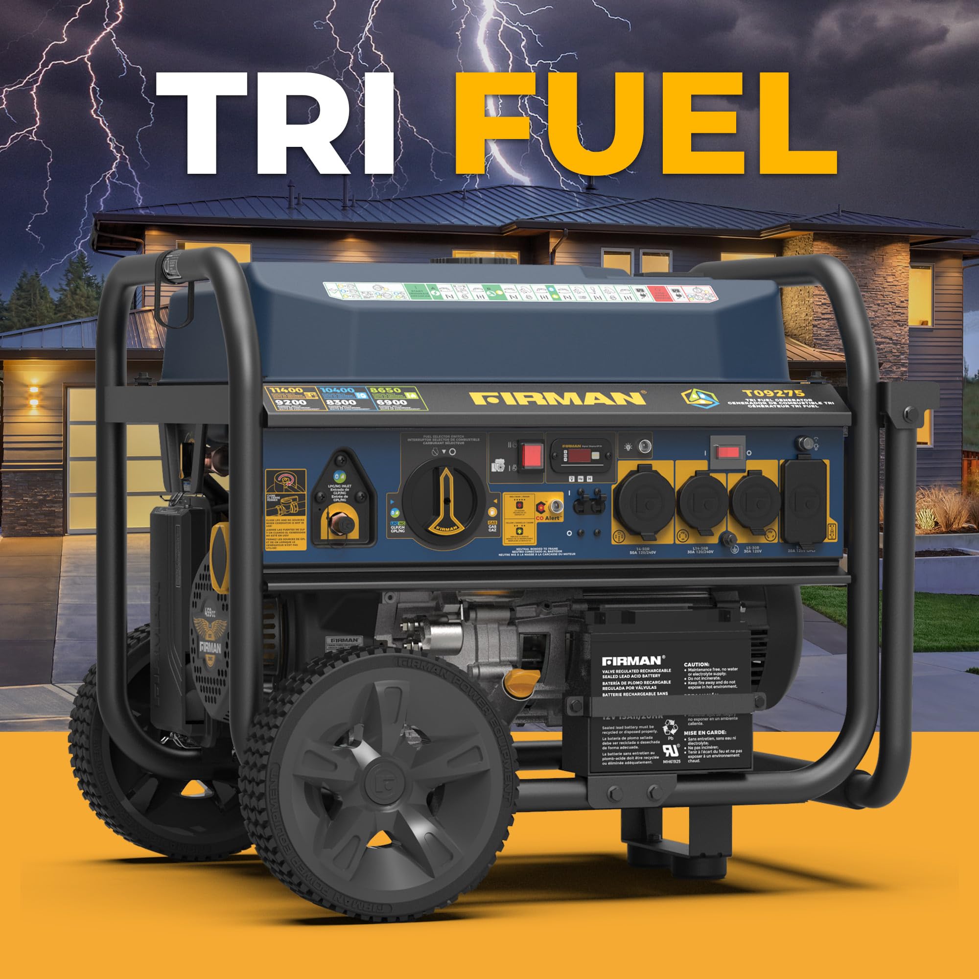 FIRMAN Tri Fuel T09275 Portable Generator, 11400W Electric Start, 120V/240V, CO Alert, 459cc Engine, 9-Gallon Tank, 11 Hrs Runtime, Wheel Kit, Ideal for Home Backup, RV, Camping & Emergency Power