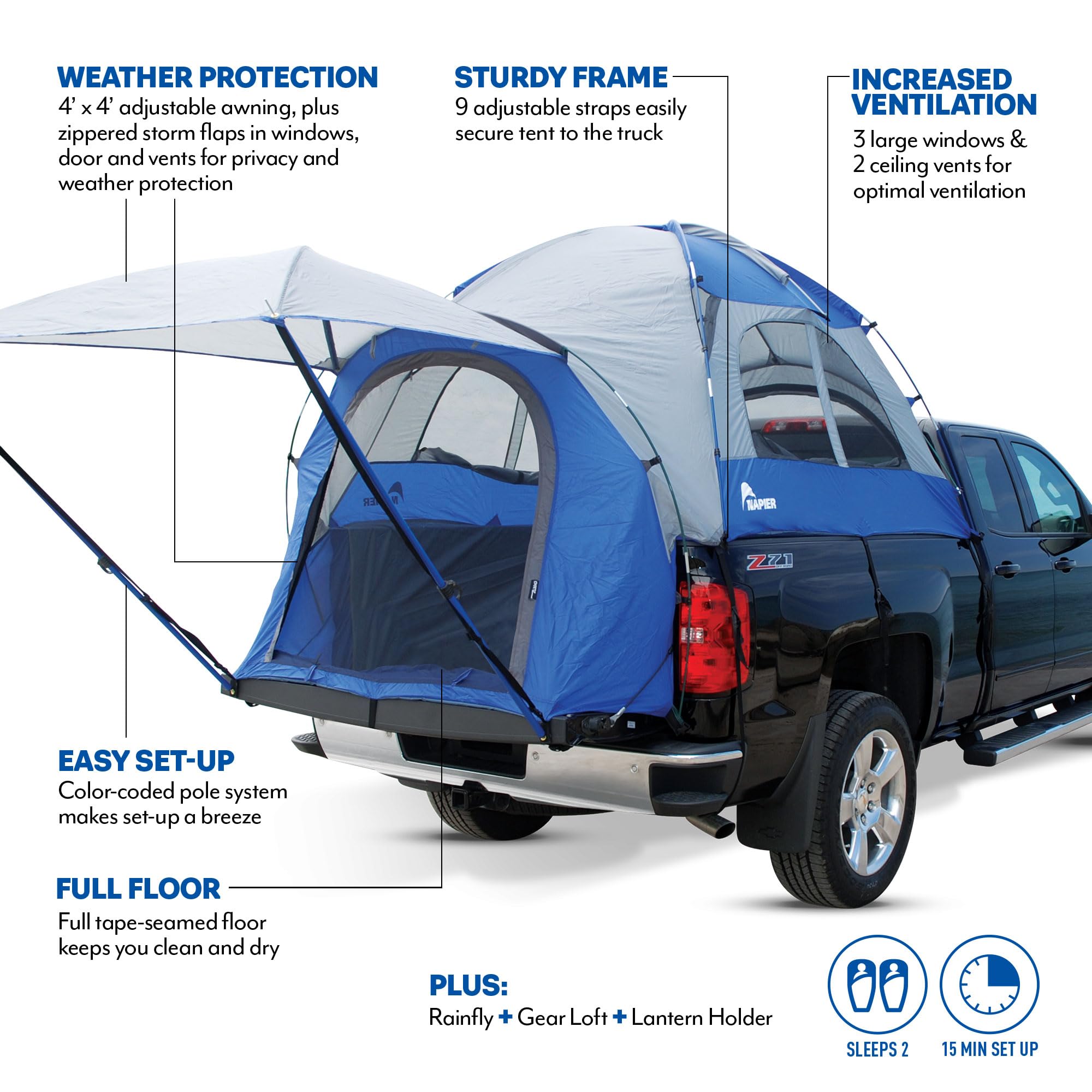 Sportz Truck Tent Napier | Pickup Truck Bed Camping Tent | Full Rainfly | Sturdy and Spacious 2-Person Truck Tent | Easy 15-Minute Setup | Blue/Gray