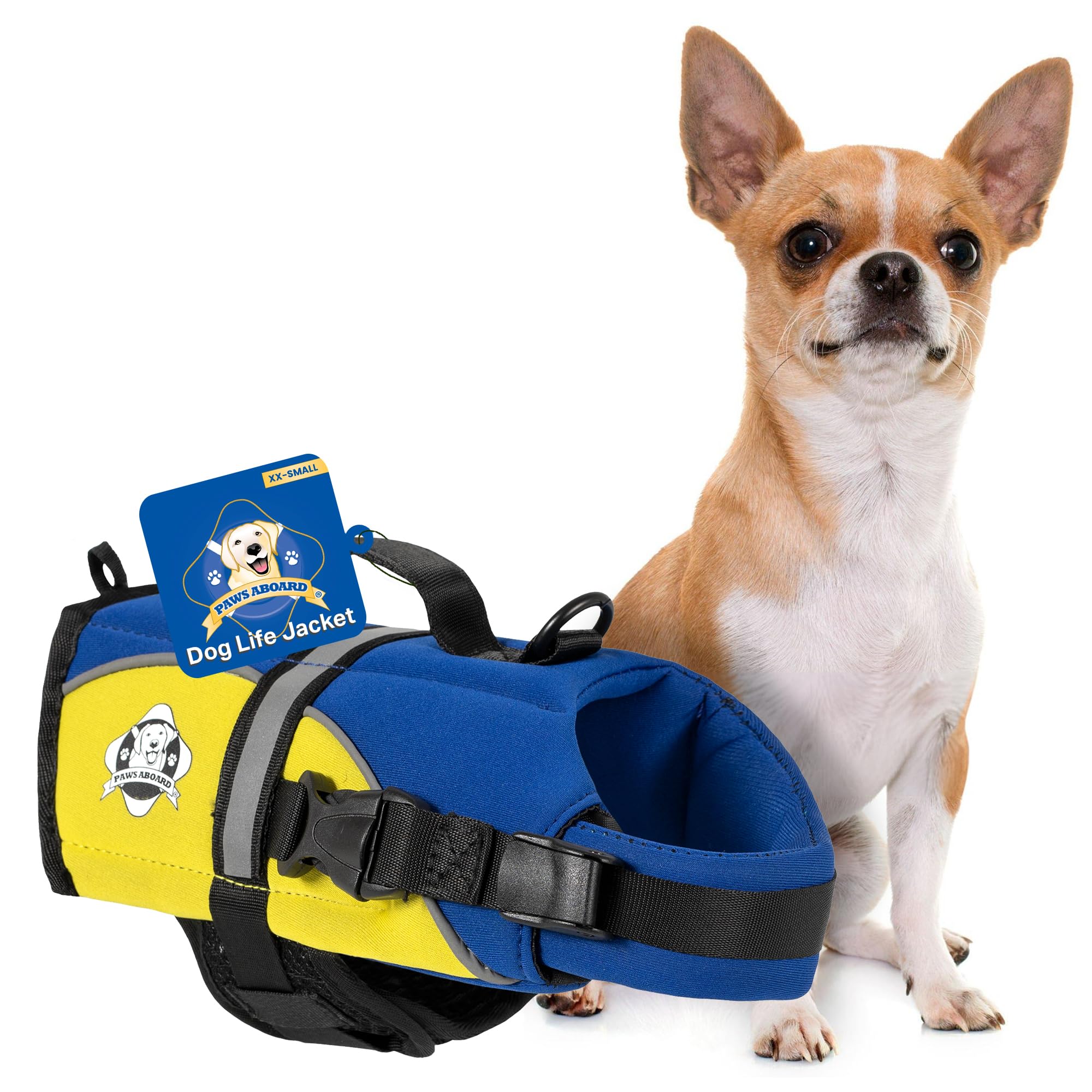 Dog Life Jacket Paws Aboard - Swimming Vest for Dogs, Adjustable, Reflective, Comfortable, Multiple Colors, Patterns, XX-Small to Extra Large Dog Swim Vest with Handle (Blue & Yellow, XX-Small)