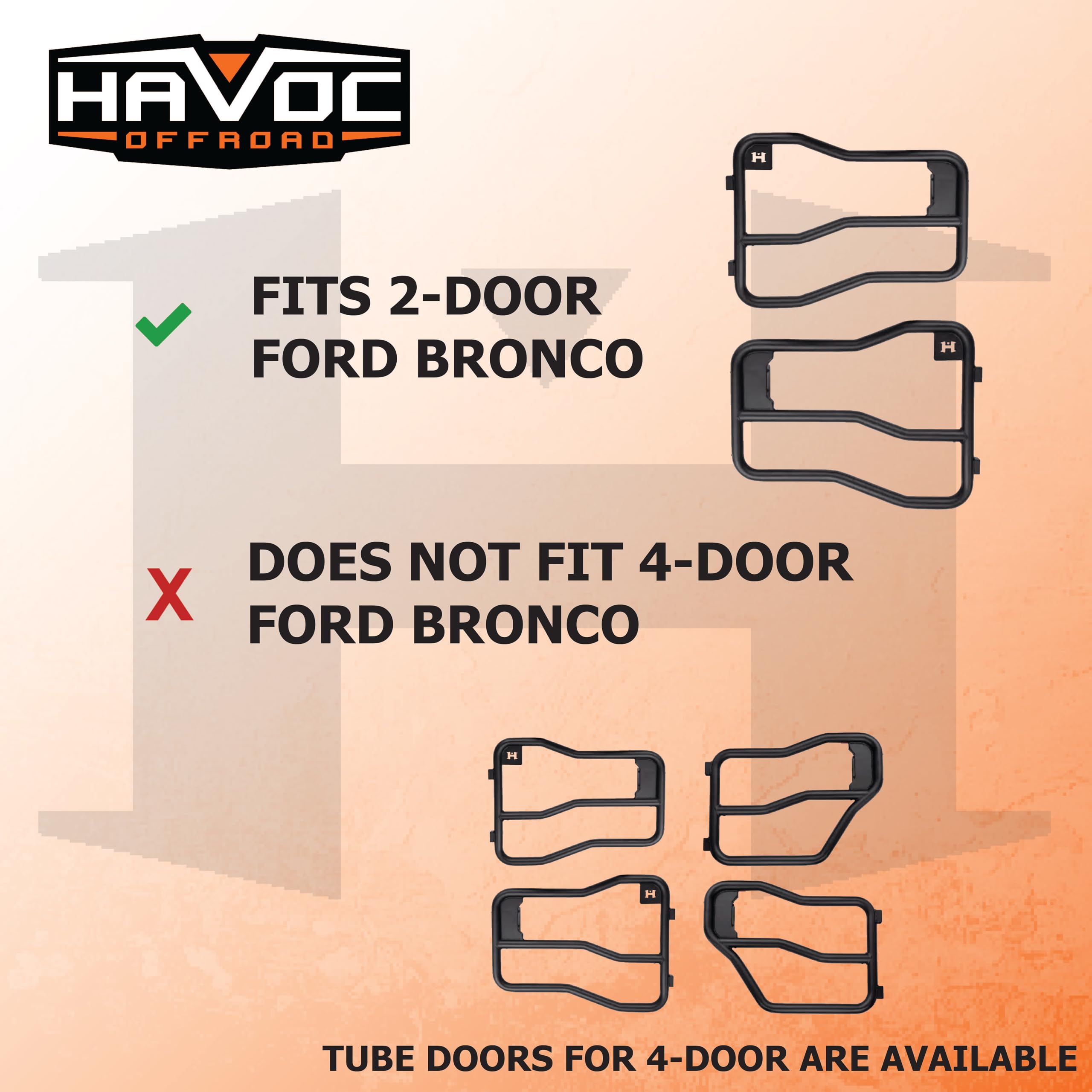 Tube Doors HAVOC OFFROAD for Ford Bronco 2-Door | 2-Piece Set, Steel, Black, No Drill | HFB-10-001 | 2021-2025 Ford Bronco 2-Door
