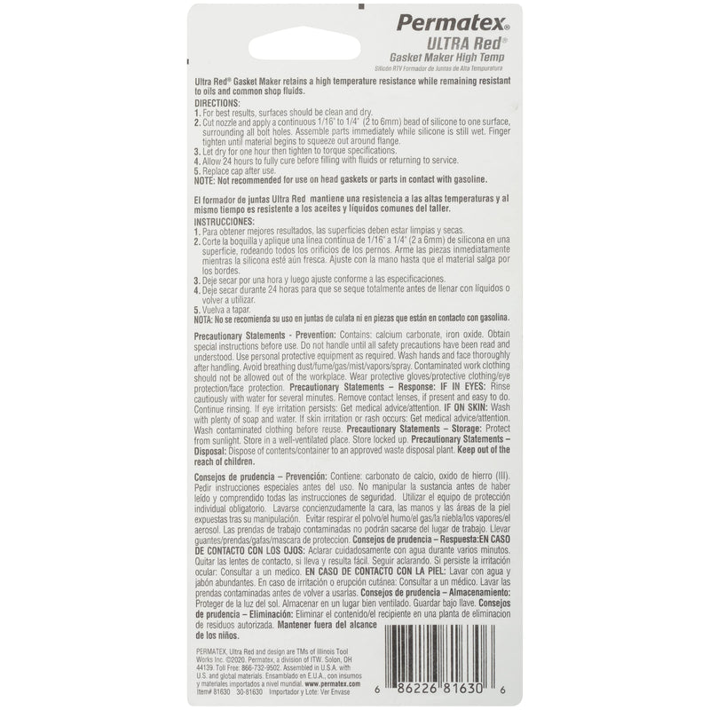 Ultra Red Permatex High Temperature Gasket Maker, 3 oz