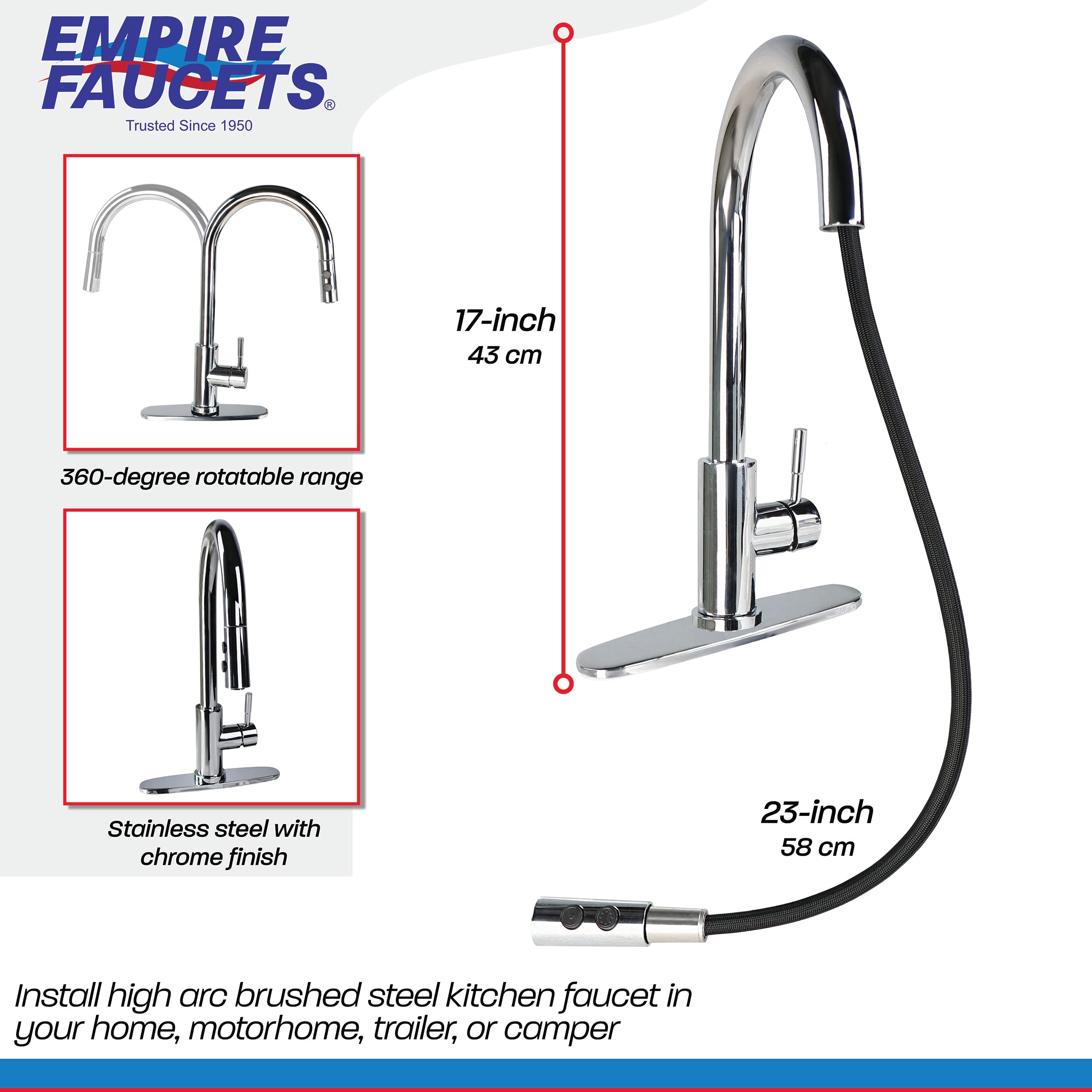 Single Lever Pull-Down Kitchen Faucet Empire Faucets SL4000CH-A with Hi-Arc Bullet Spout and Deck Plate - Chrome
