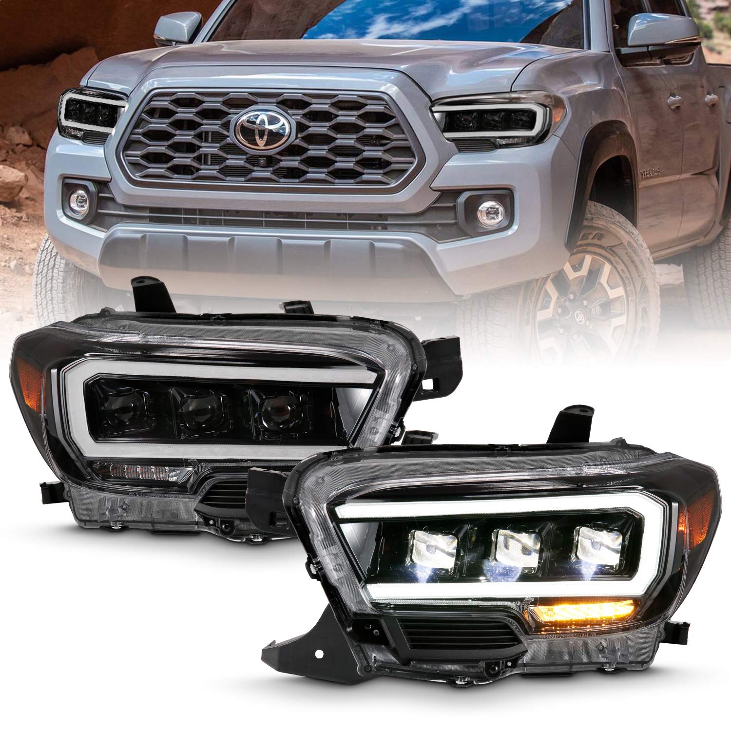 TOYOTA TACOMA 16-22 ANZO USA LED PROJECTOR HEADLIGHTS PLANK STYLE BLACK W/AMBER (FOR HALOGEN DRL)
