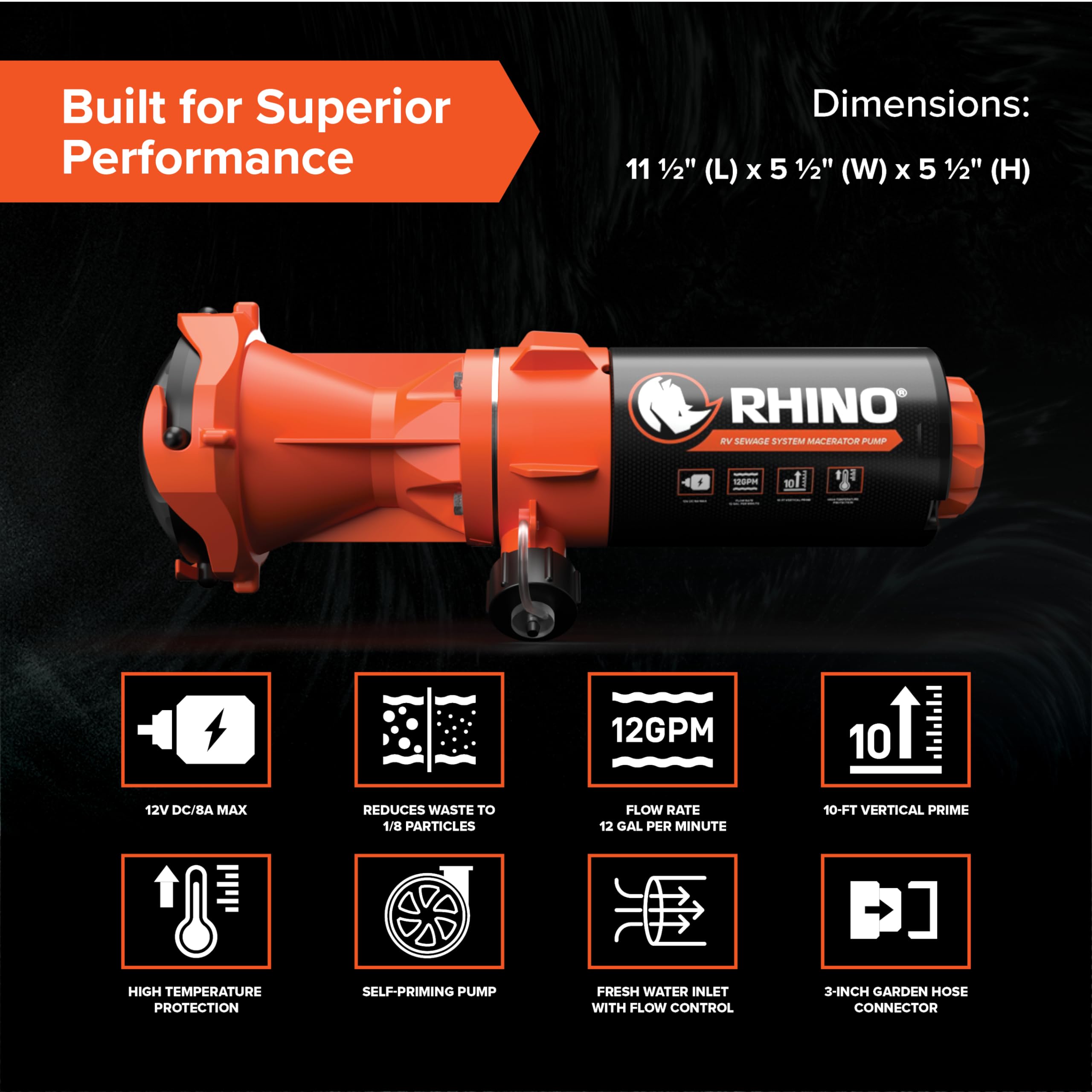 Camco Rhino Sewer Camper/RV Macerator Pump System - VortexCore Technology Grinds Sewer Waste into 1/8” Pieces - Versatile for Any Location - 4-in1 Adapter, Self-Priming Pump & 15’ Water Hose (39040)