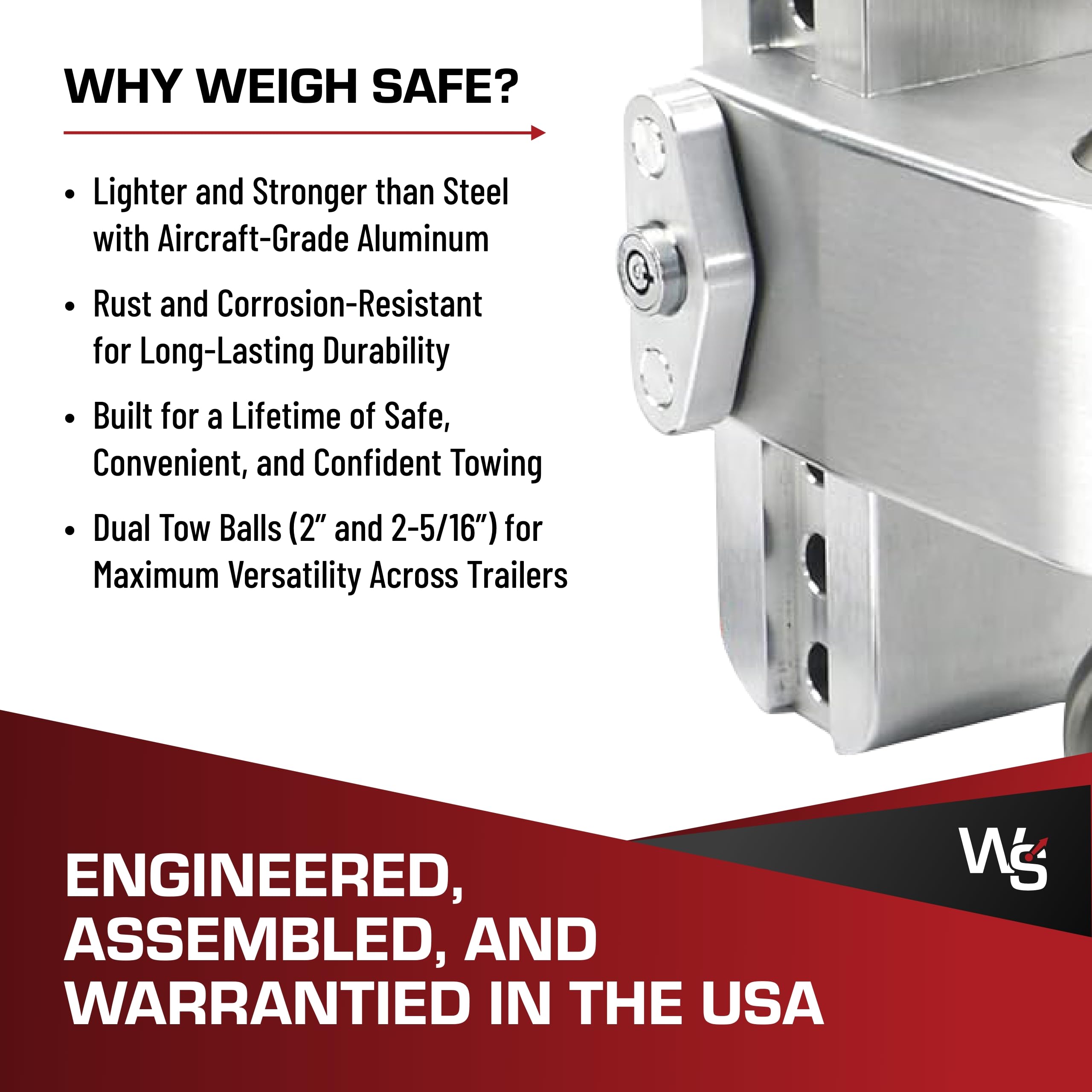 Weigh Safe Adjustable Hitch Trailer Ball Mount - 10" Adjustable Drop Hitch for 2.5" Receiver - Premium Heavy Duty Aluminum Trailer Tow Hitch w/ Stainless Steel Tow Balls (2" & 2 5/16") - 18,500 GTW