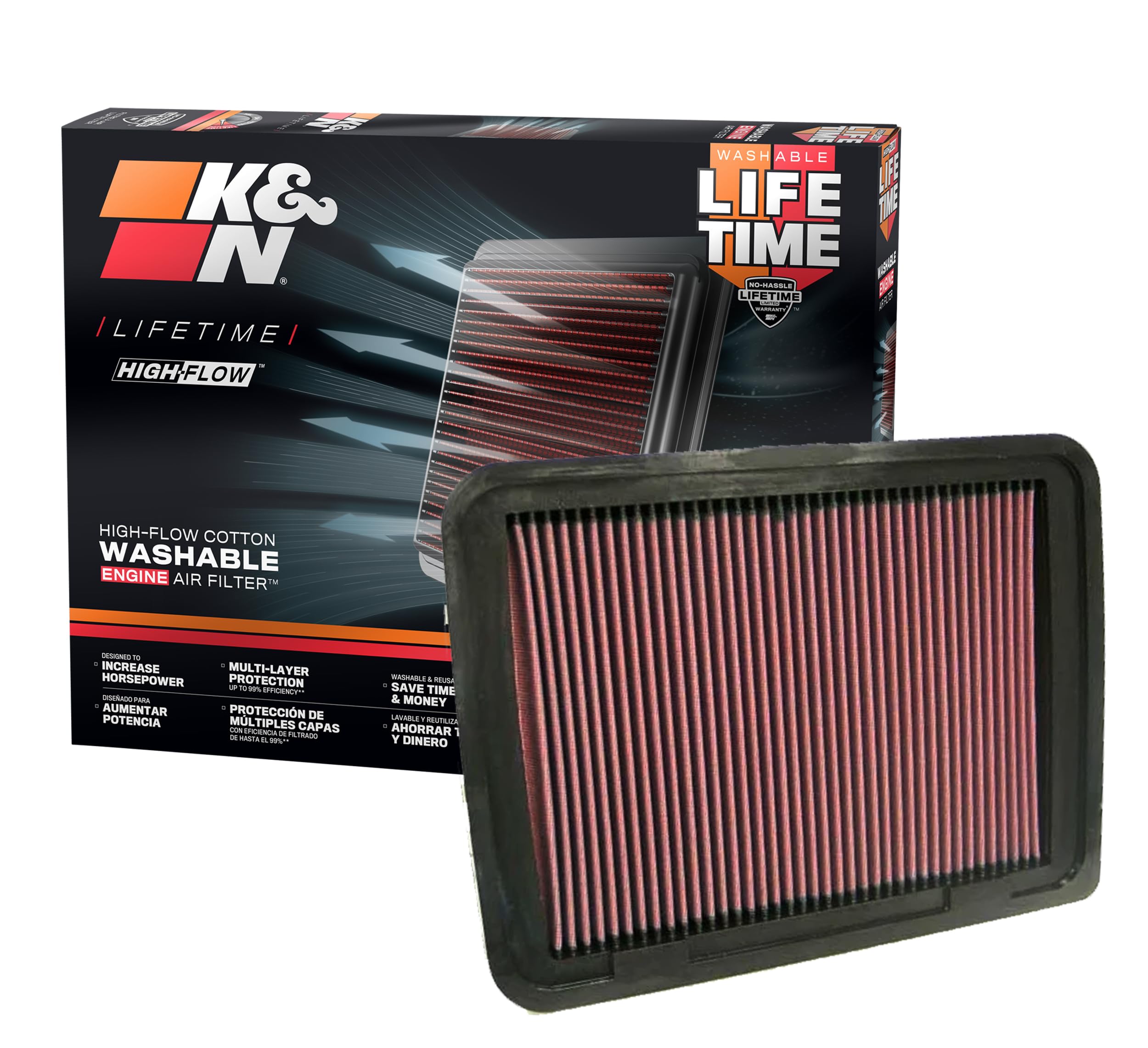 K&N Original High-Flow Lifetime Engine Air Filter: Increase Power: Premium, Washable: Compatible with V4 2.7L 2005-2023 TOYOTA: Tacoma, 33-2306