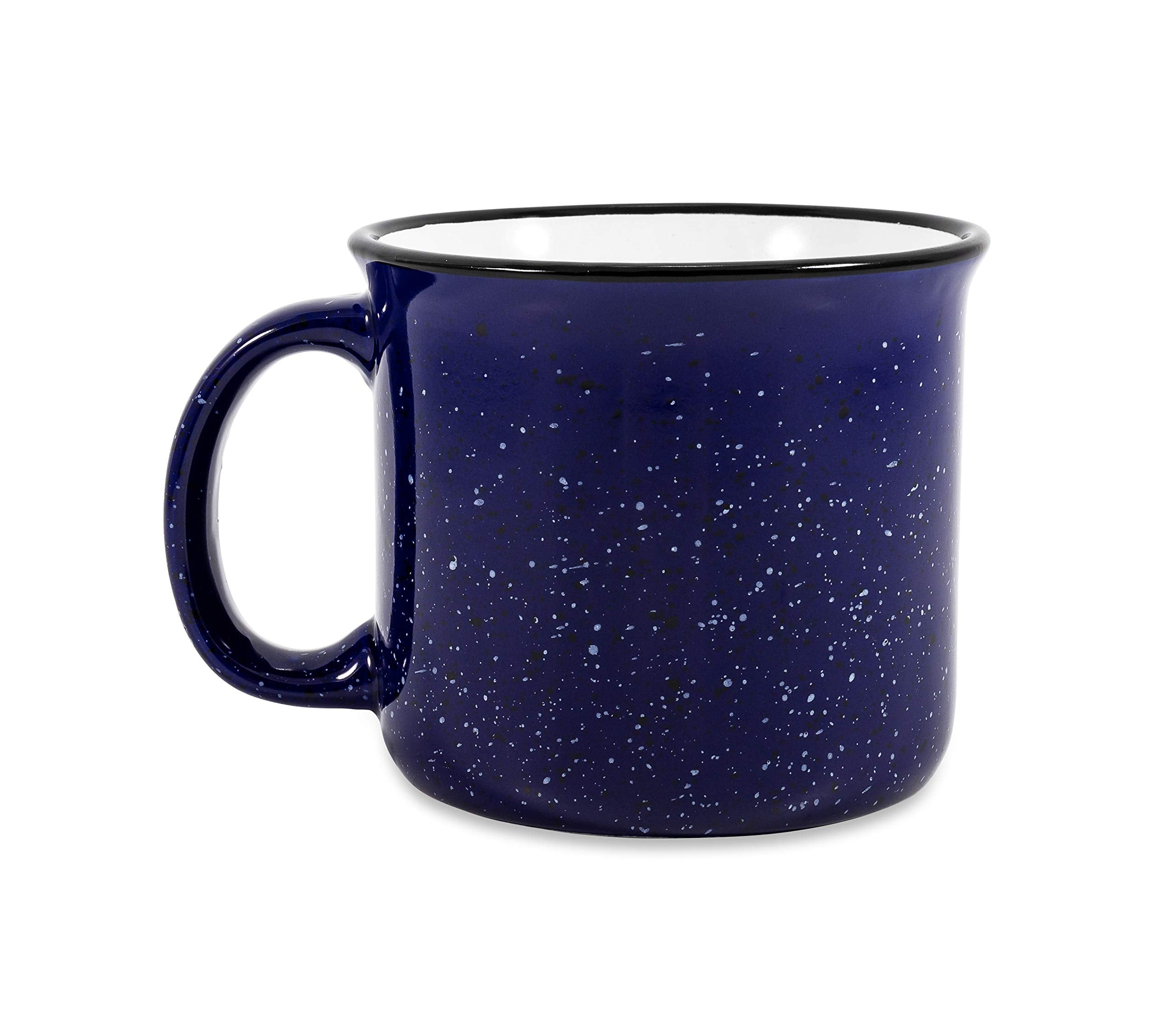 Camco Ceramic Mug Life is Better at The Campsite | Microwave and Dishwasher Safe | Speckled Blue bakground with White Life is Better at The Campsite Design | 14oz. (53387)