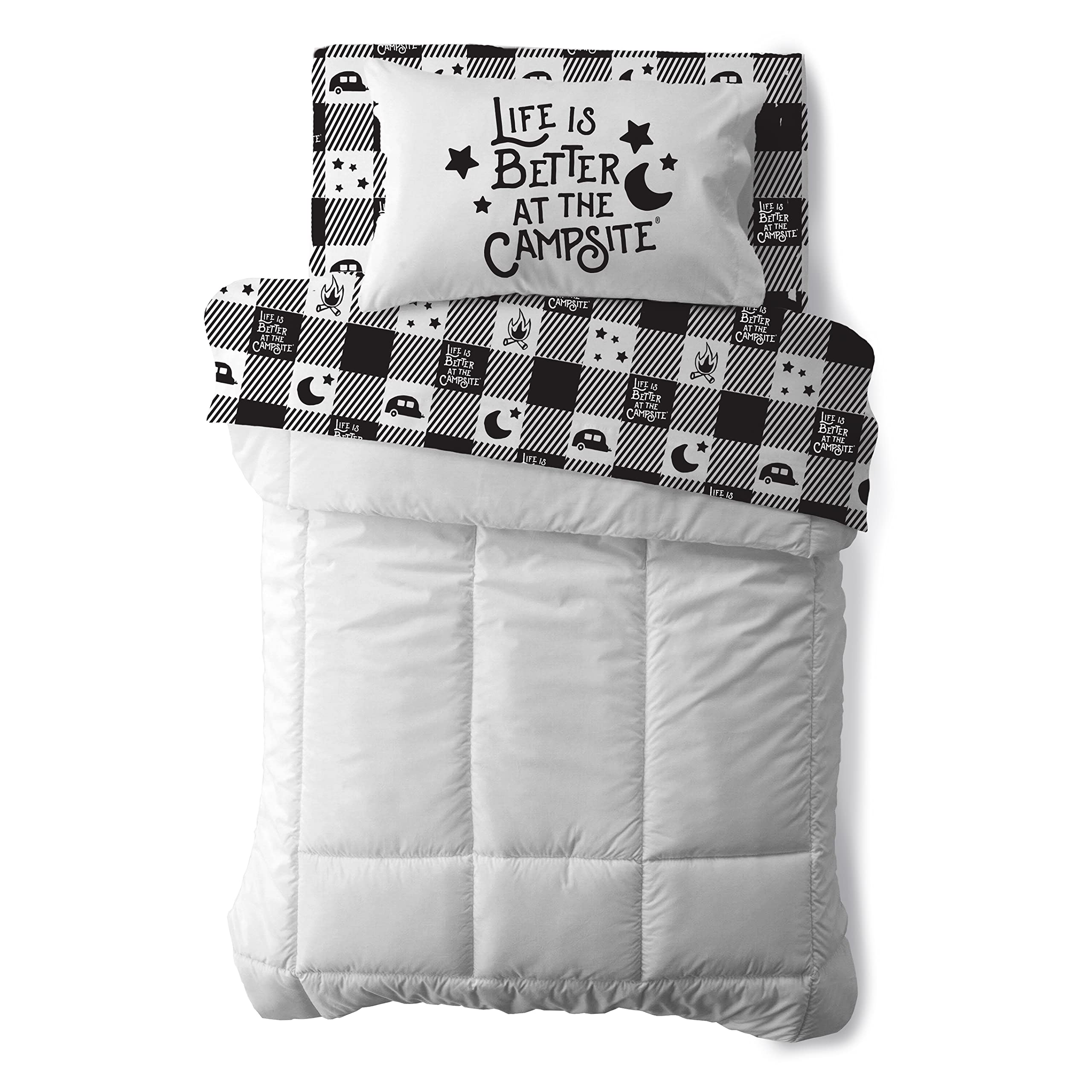 Camco Bunk Sized Bed Sheets at The Campsite Life is Better Camper/RV | Features Camping Theme Design on Buffalo Plaid Pattern | Crafted of Soft Machine Washable Polyester | 3-Piece Set (53475)