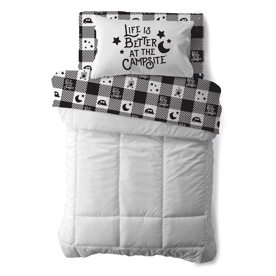 Camco Bunk Sized Bed Sheets at The Campsite Life is Better Camper/RV | Features Camping Theme Design on Buffalo Plaid Pattern | Crafted of Soft Machine Washable Polyester | 3-Piece Set (53475)