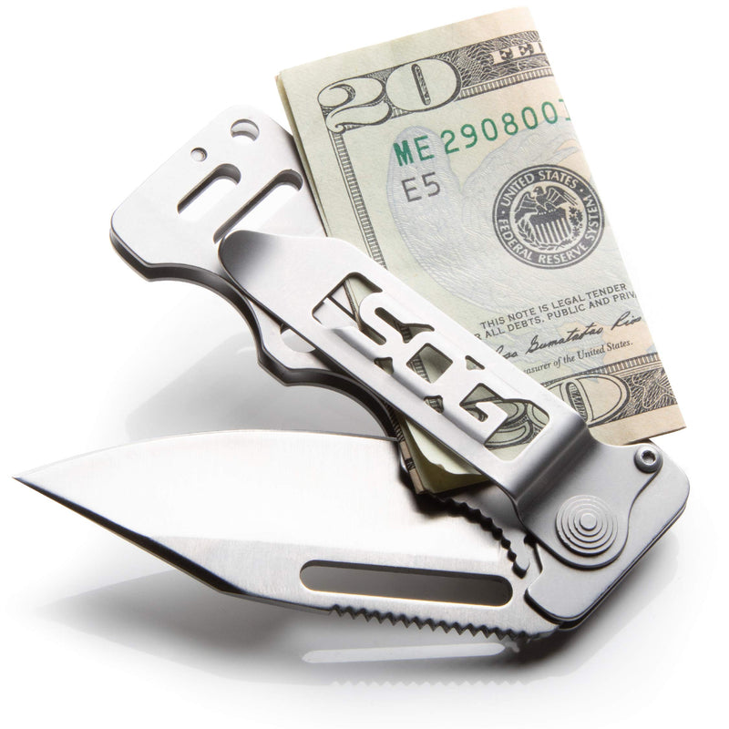 SOG Money Clip Cash Card Pocket Knife- 2.75 Inch Blade EDC Knife with Clip for Pocket, Money or Card Holder, Stainless Steel Handle with Built-In Lanyard Hole (EZ1-CP), Onesize, Satin Polished