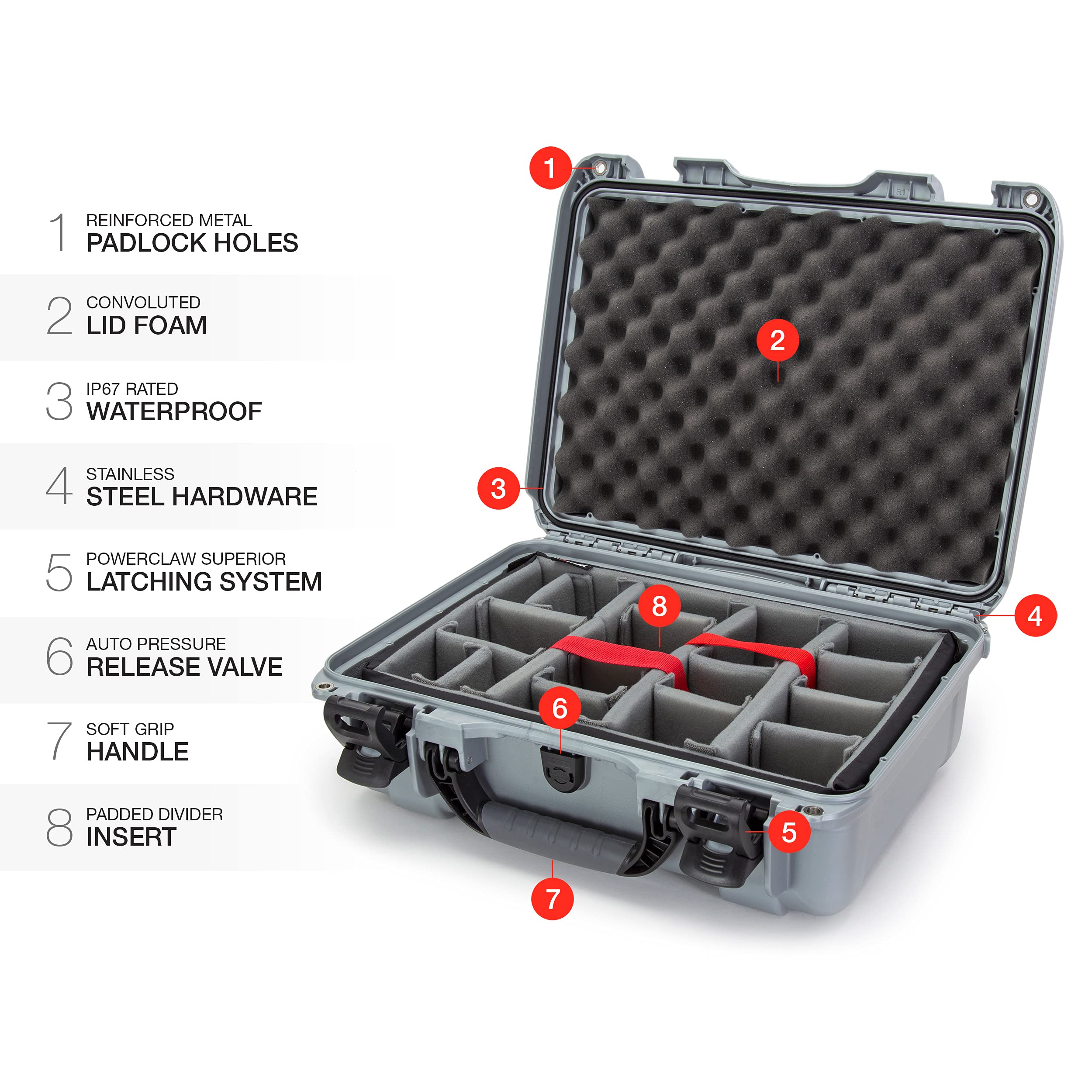 Nanuk 925 Large Series Lightweight NK-7 Resin Waterproof Protective Case with Padded Dividers, Silver