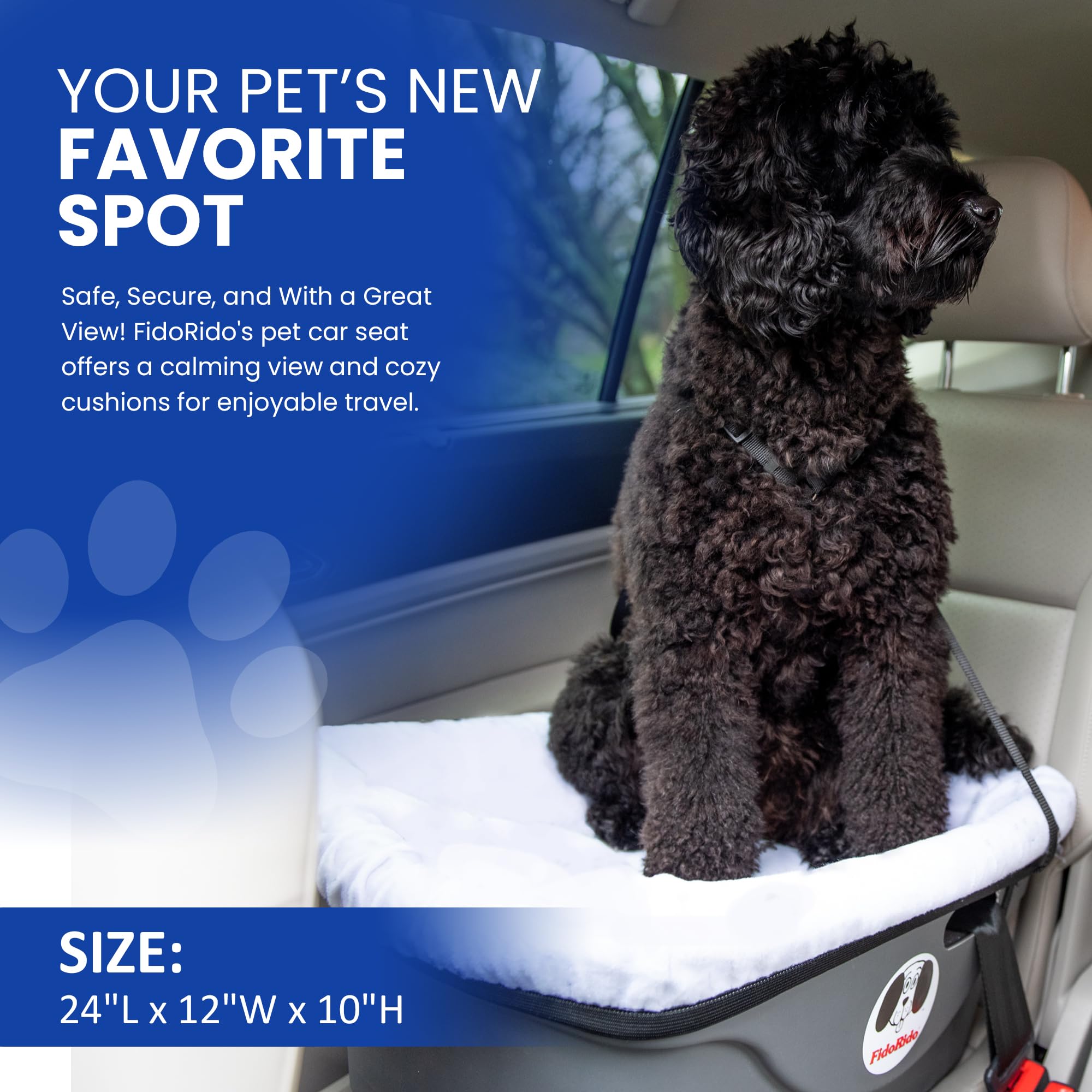 Dog Car Seat FidoRido - Booster Seat for Small to Large Dogs with Comfortable Cushions, Sherpa Cover, and Safety Straps, Easy to Install, and Ideal for Travel, White Sherpa - Small Harness