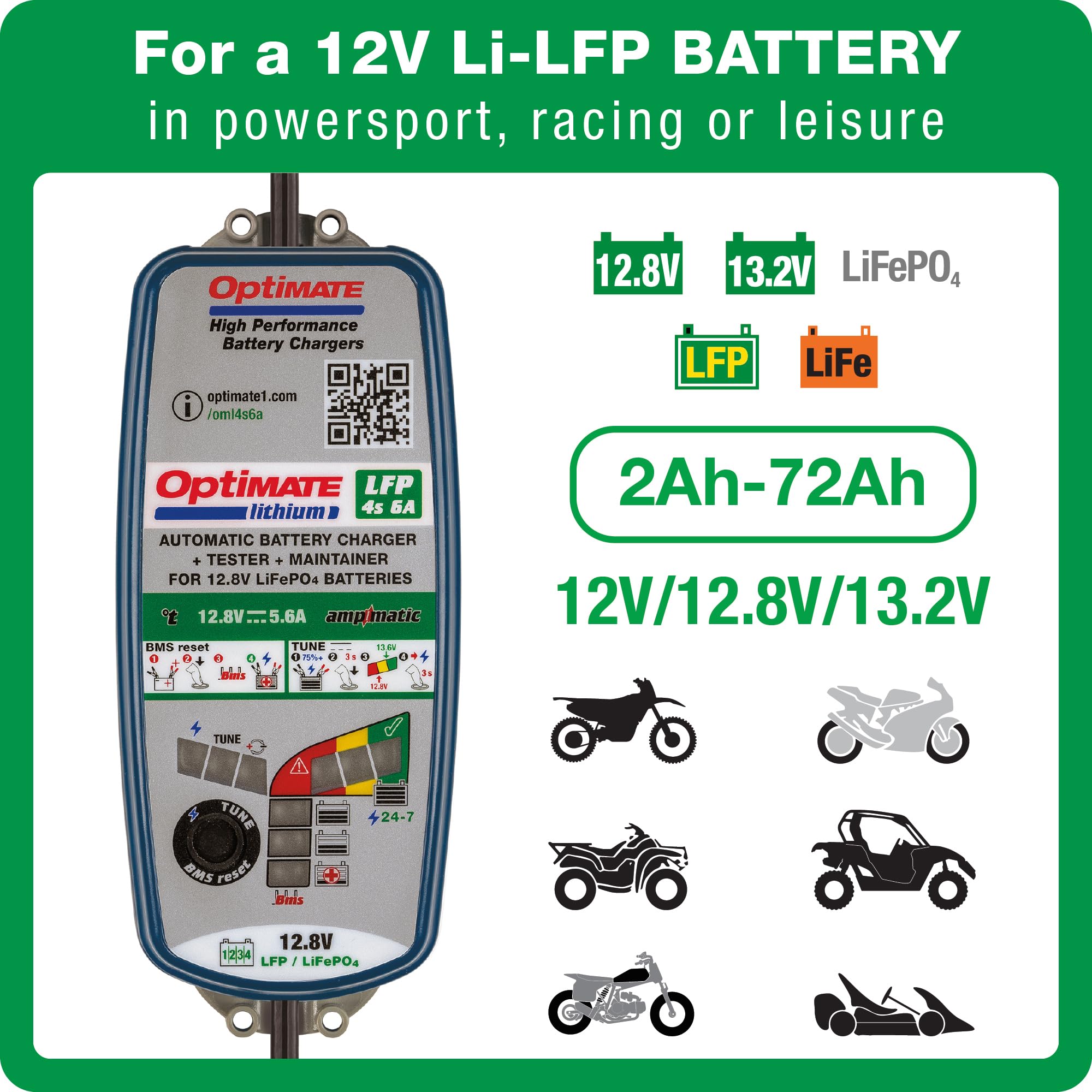 OptiMate Tecmate Lithium 4s 6A, TM391, 10-step 12.8V 6A Lithium Expert Battery Saving Charger & Maintainer, Blue/Green