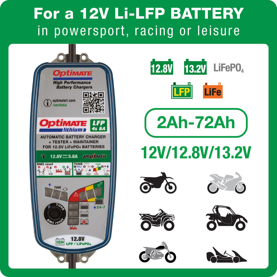 OptiMate Tecmate Lithium 4s 6A, TM391, 10-step 12.8V 6A Lithium Expert Battery Saving Charger & Maintainer, Blue/Green