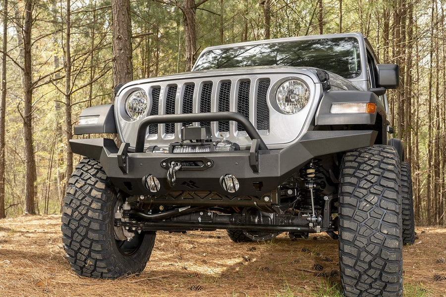 Front Rugged Ridge HD Bumper for Jeep Wrangler/Gladiator | Full-Width, Steel, Black | 11540.31 | Fits 2007-2025 Jeep Wrangler JK/JL; 2020-2025 Jeep Gladiator JT