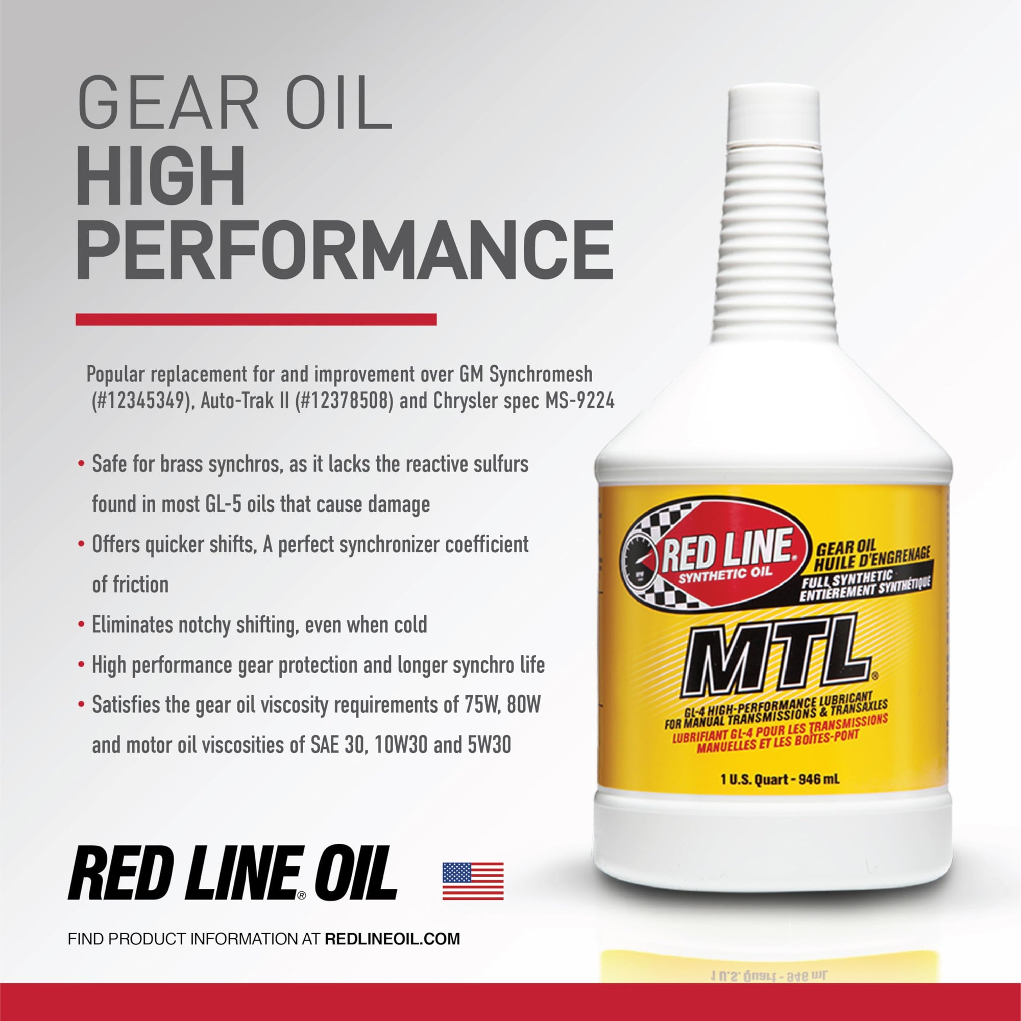 Red Line SAE 75W80 API GL-4 Manual Transmission and Transaxle Lubricant (MTL) Car Gear Oil - 1 Quart