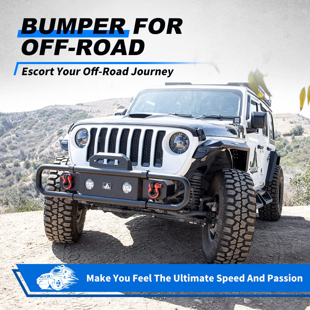 Front Bumper WolfX Fit For 2007-2018 Jeep Wrangler JK/JKU Retractable Front Bumper For 2018-2026 Jeep Wrangler JL/JLU, Steel Bumper For 2019-2026 Gladiator JT w/ 2 x D-Ring Shackles
