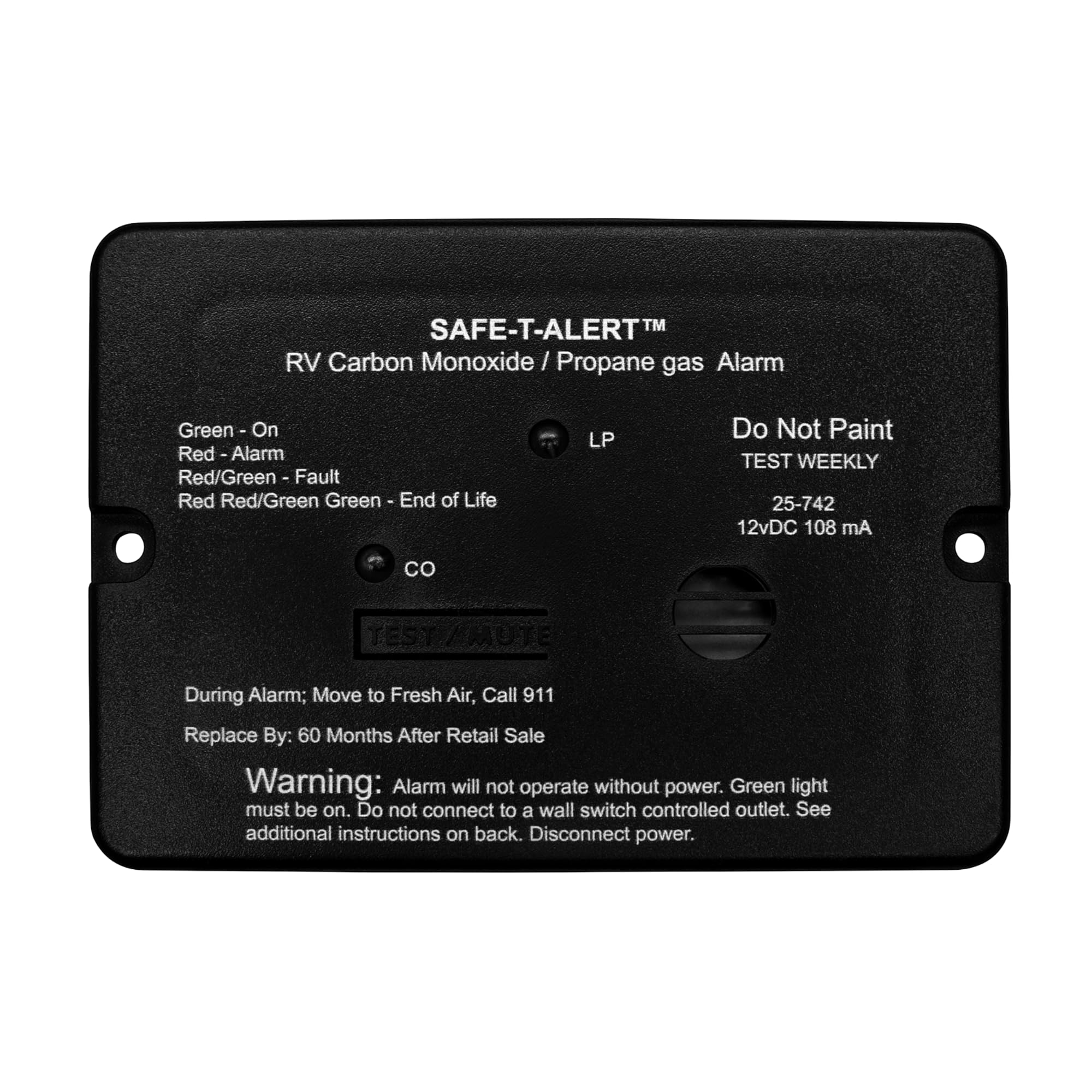 Mini Safe T Alert - Dual LP/CO Alarm - Flush Mount Black - 25-742-BL