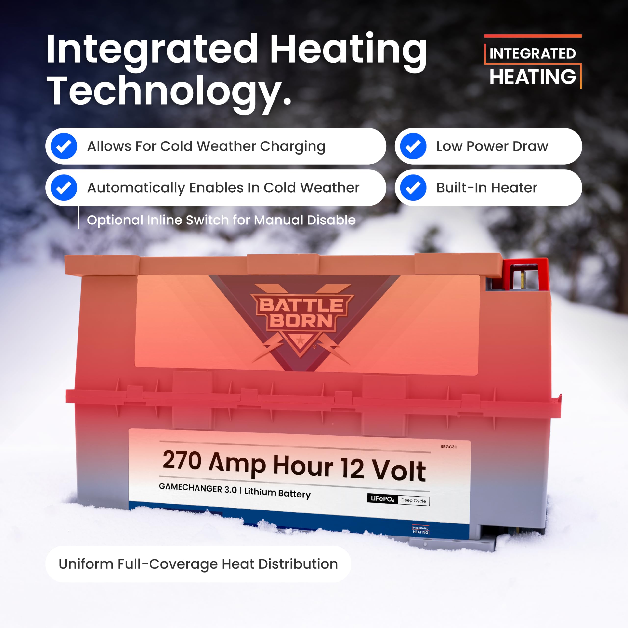 12V Heated Lithium-Ion (LiFePO4) 270Ah RV, Marine, Solar, & Off Grid Battery - Integrated Heating Technology - Internal BMS, High & Low Temperature Protection - Battle Born Batteries
