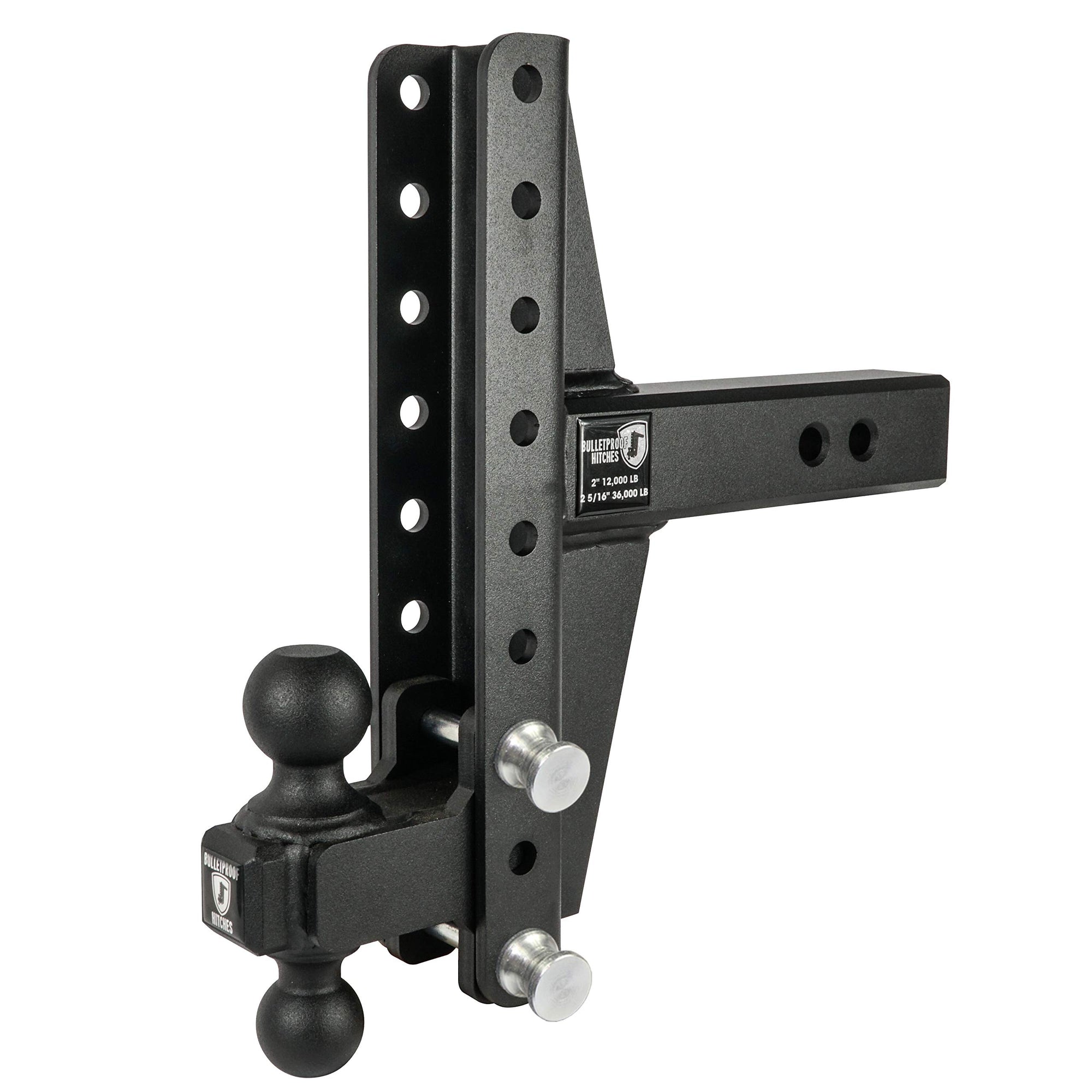 2.5" BulletProof Hitches Adjustable Extreme Duty Trailer Hitch (36,000 lb. Rating) - Offset 4" & 6" Drop/Rise with 2" and 2 5/16" Dual Ball - Powder Coat, Solid Steel, Corrosion-Resistant