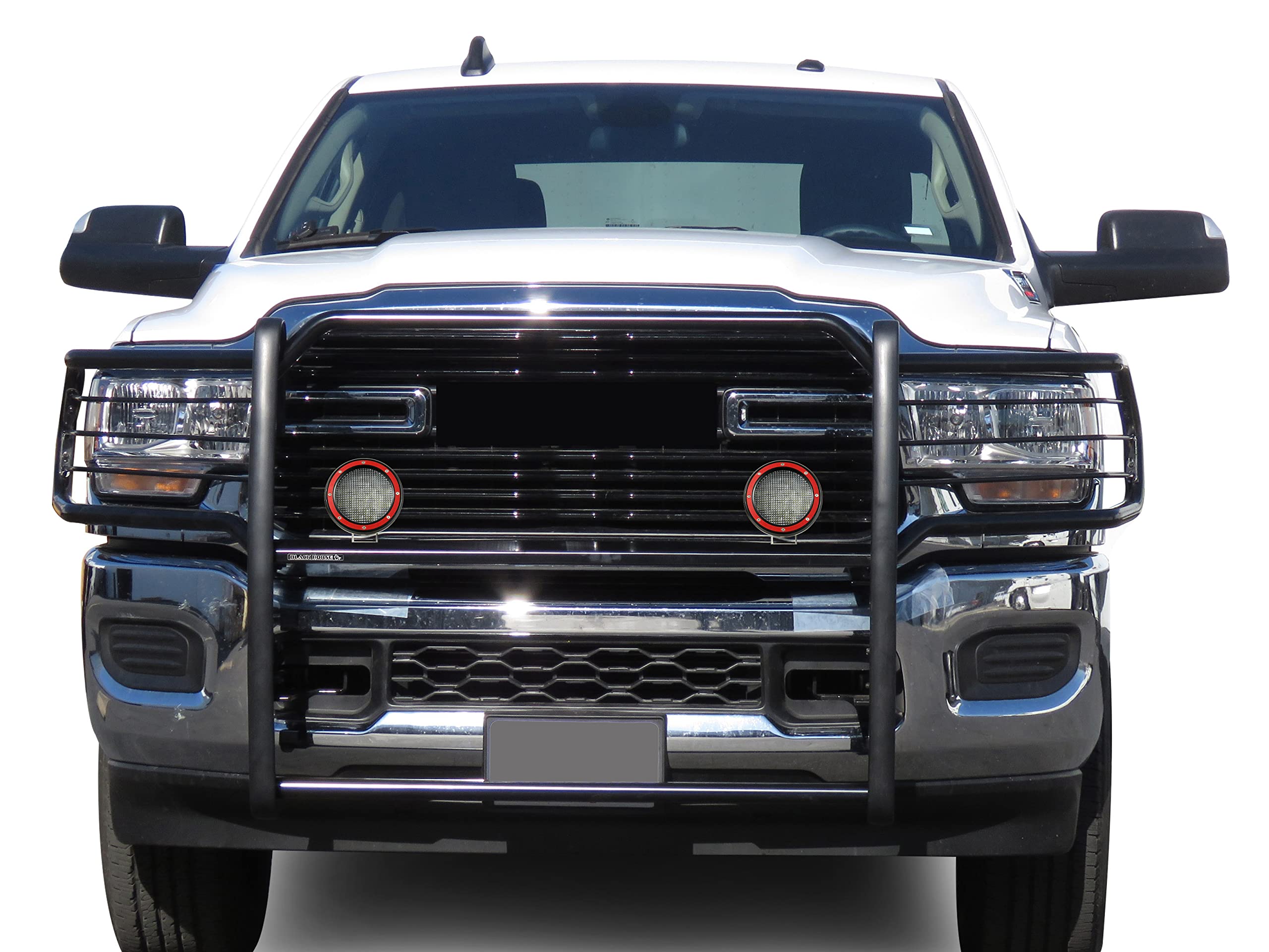 Bumper Guard Black Horse Grille brush Modular Come With Pair of 5.3" Dia.LED Lights with Red Trim Rings Compatible with 2019-2024 Ram 2500|2019-2024 Ram 3500-17DG113MA-PLFR