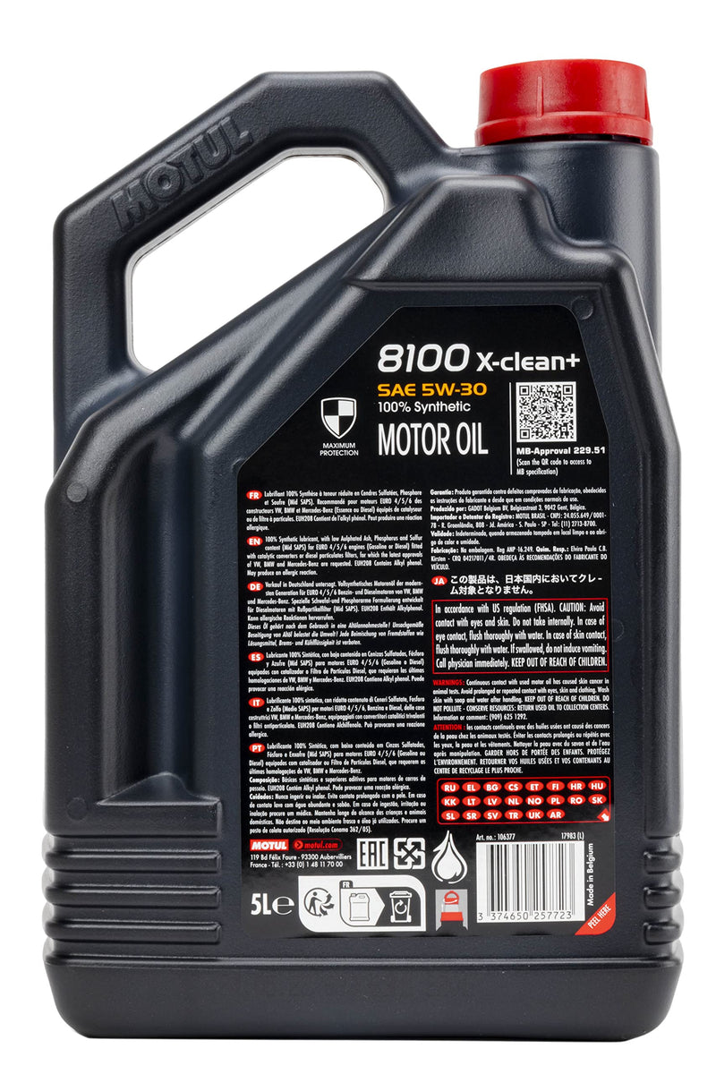 Motul 8100 X-Clean 5W-30 Full Synthetic Motor Oil | Engineered to Help Clean Engine Performance, Protect Emissions Systems | Long Drain Capable, Improved Engine Responsiveness | 5L