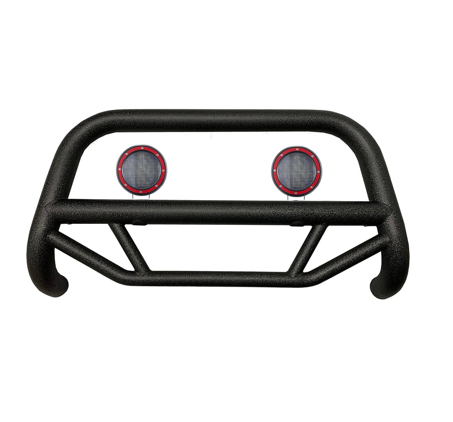 Max T Black Horse Bull Bar Textured Black Come with Pair of 5.3" Dia. LED Flood Lights with Red Trim Rings Compatible with 2005-2023 Toyota Tacoma-MBT-MT0412-PLFR