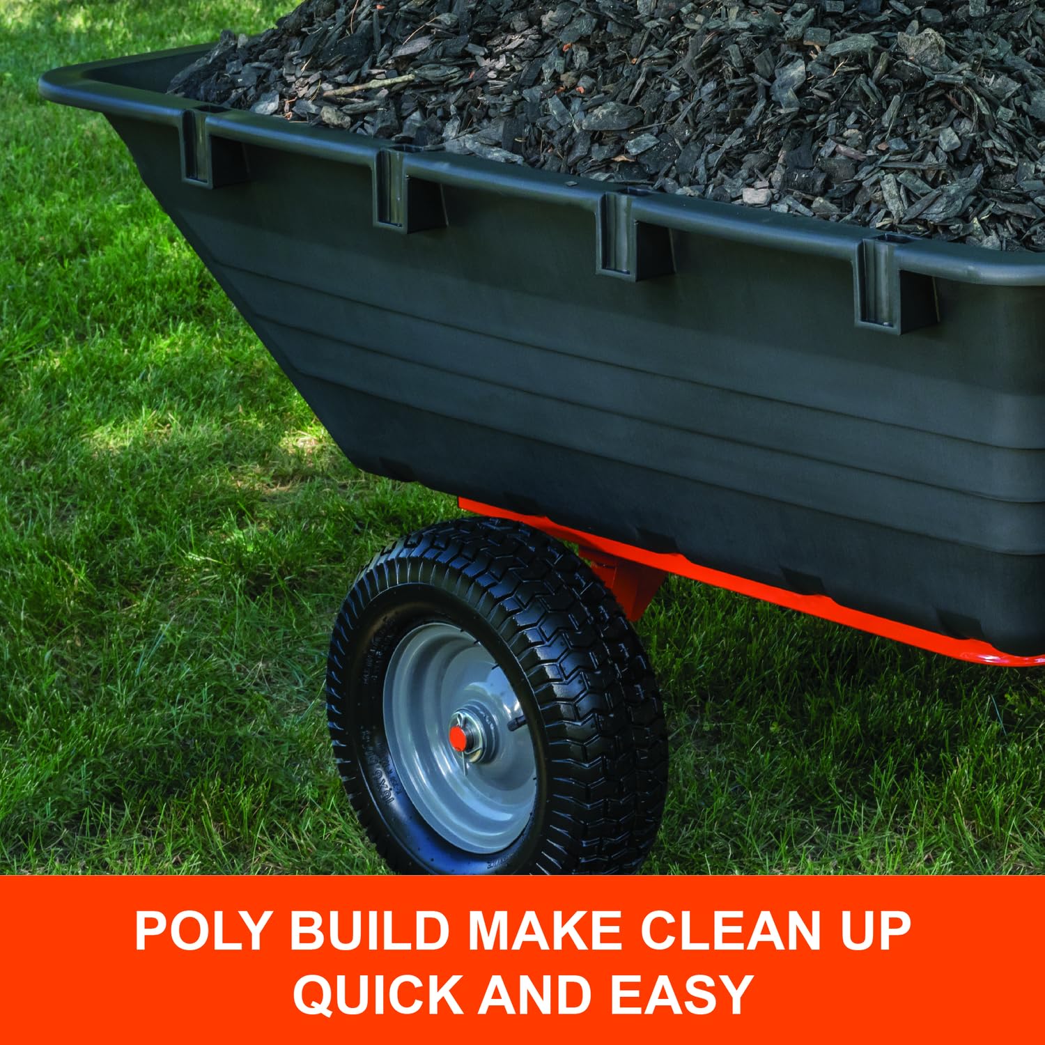 1,000-Pound Capacity Agri-Fab 45-0553 Poly Swiveling Tow Behind Dump Cart, 18 Cubic Feet Capacity, 80 Degree swiveling, 52 Degree Dumping, 16-Inch x 6.5-Inch Pneumatic Turf Tread Tires