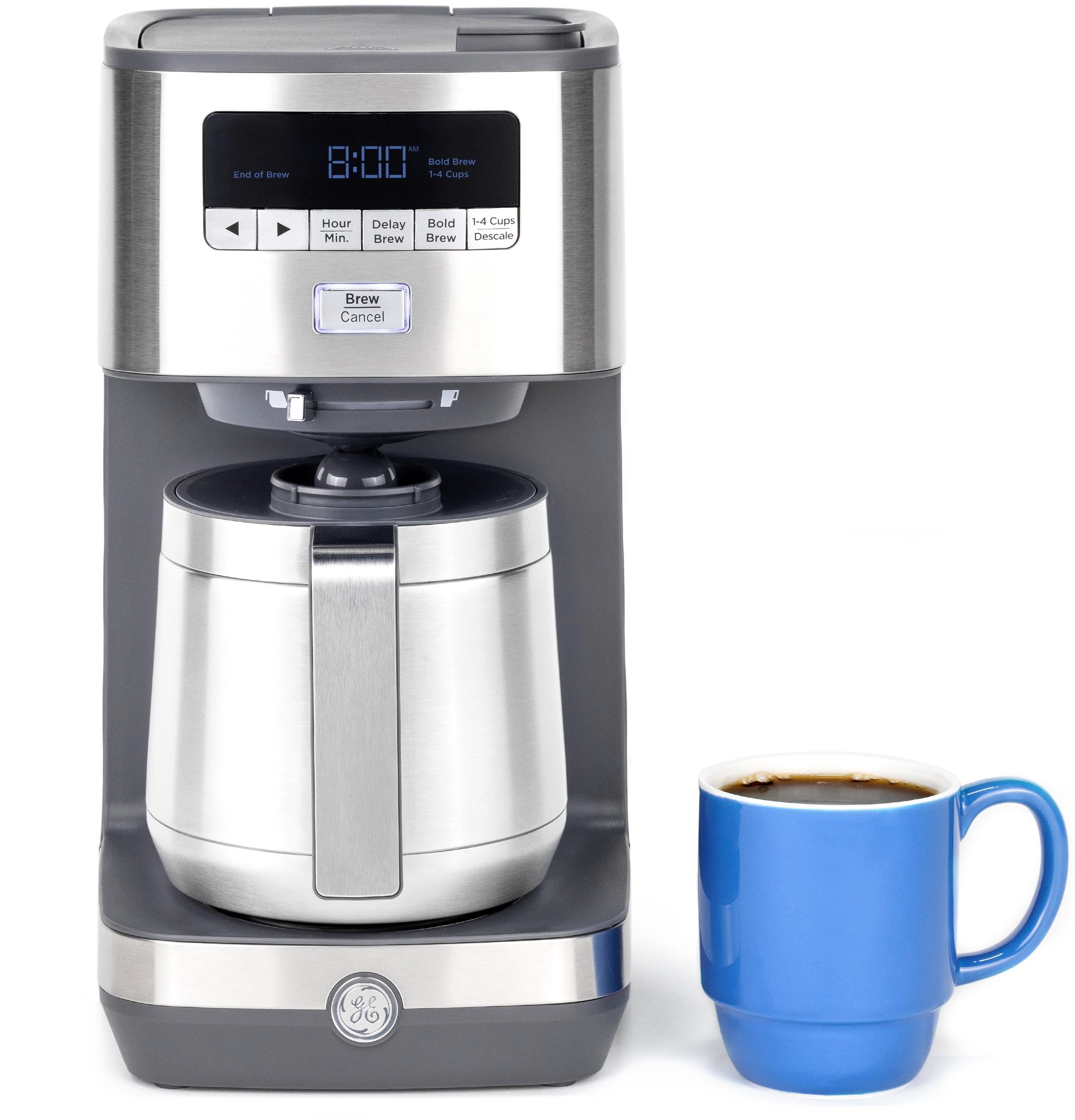 Drip Coffee Maker GE With Timer | 10-Cup Thermal Carafe Coffee Pot Keeps Coffee Warm for 2 Hours | Adjustable Brew Strength | Wide Shower Head for Maximum Flavor | Kitchen Essentials | Stainless Steel