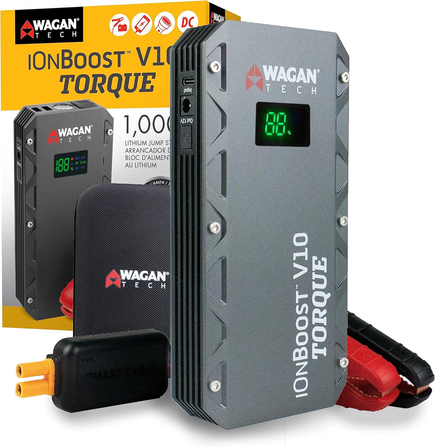 Wagan Jump Starter EL7507 iOnBoost V10 Torque 1000Amp Peak 12V Portable Lithium Car Battery Up to 7.8L V10 or 6.7L Diesel, 12V Jump Pack with Built-in LED Bright Light, UL Certified
