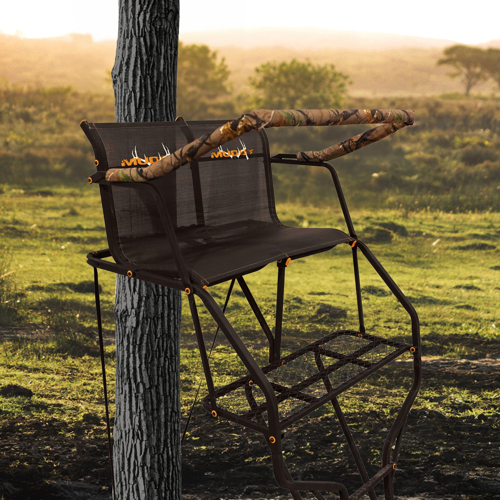 Double Droptine MUDDY Deer Hunting Ladderstand, 2 Person Climbing Tree Stand with Flex-Tek Seat and Padded Adjustable Shooting Rail