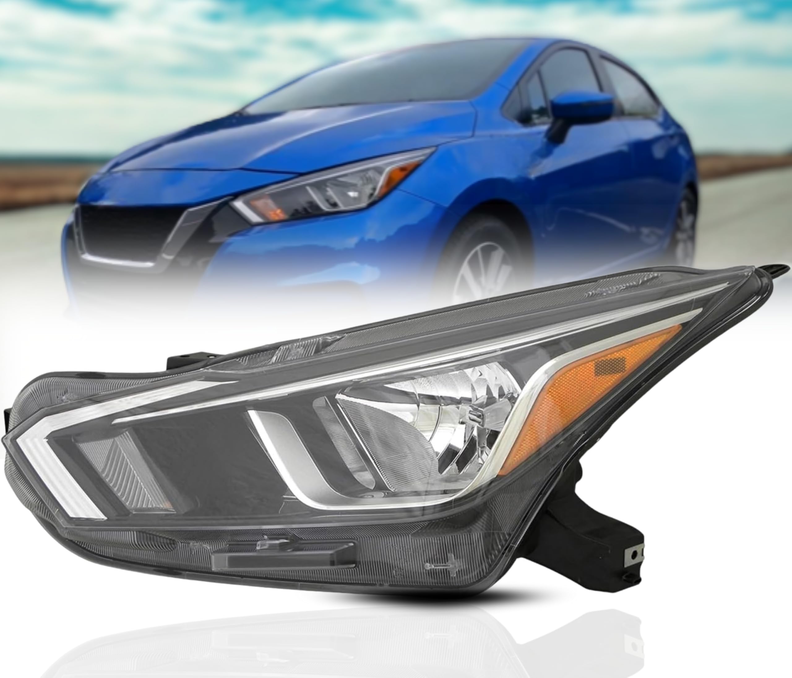 Replacement Headlamps for Nissan Versa 2020-2022 Halogen Headlights Assembly with Bulbs, Left/Driver Side, 26010-5EE0A / NI2502273 DOT/SAE Compliant